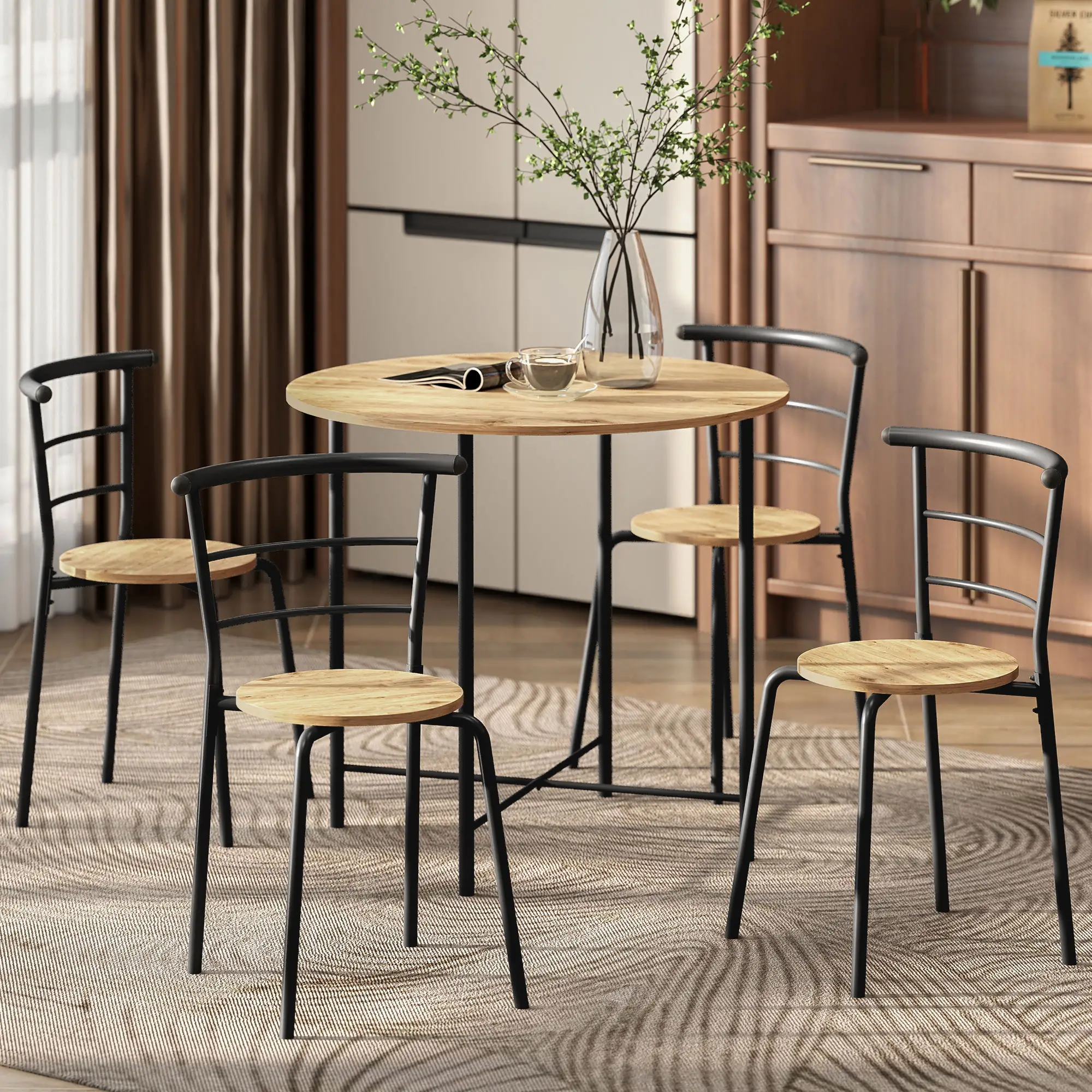 5 Piece Dining Table Set, Round for 4, Metal Frame, Natural - Image 8