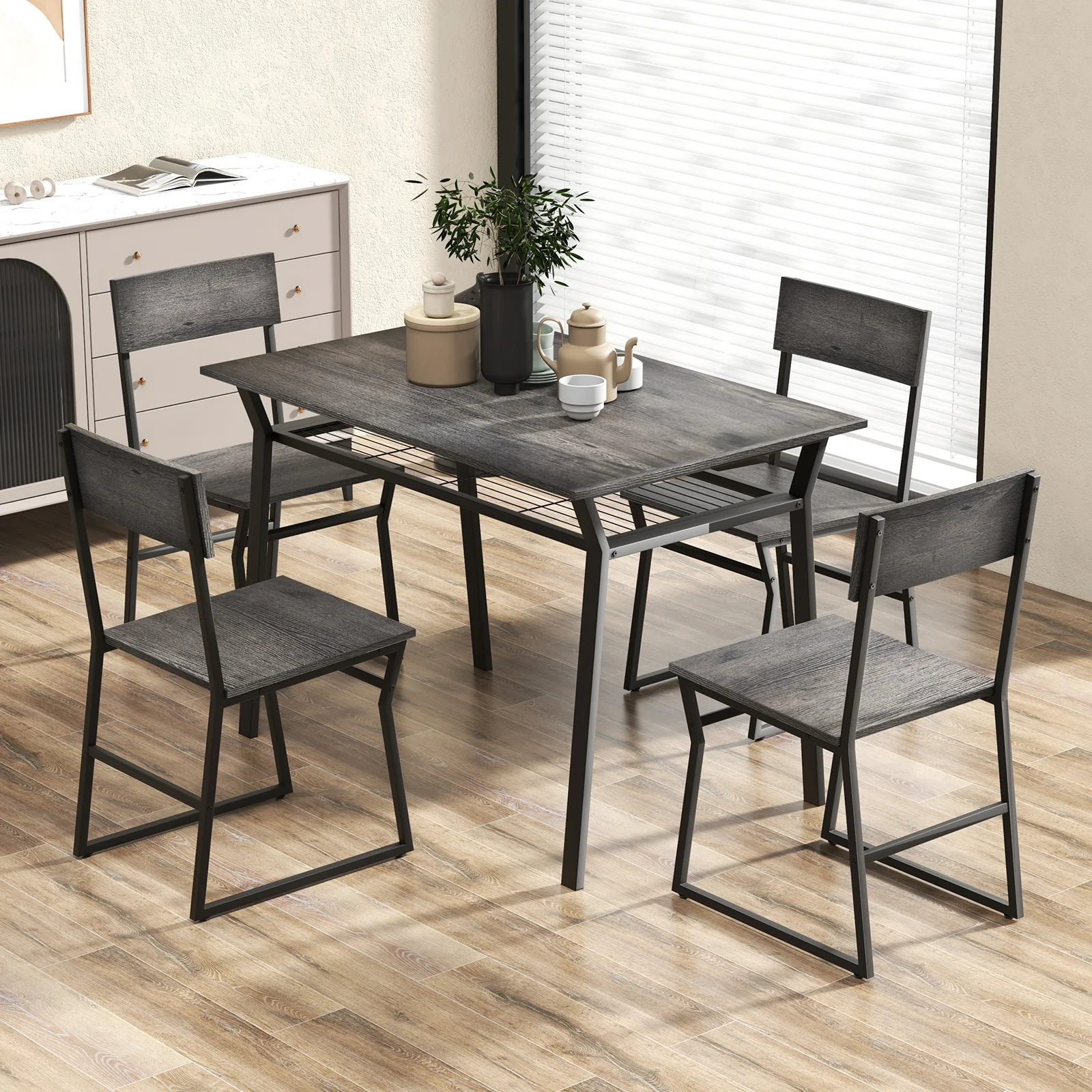 5 Piece Dining Table Set, Storage Rack, Metal Frame, Gray - Image 2