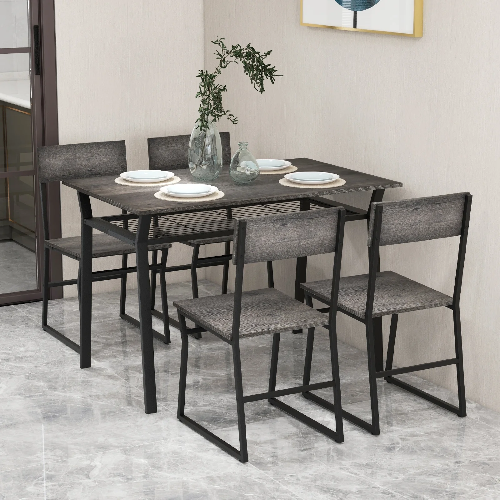 5 Piece Dining Table Set, Storage Rack, Metal Frame, Gray - Image 7