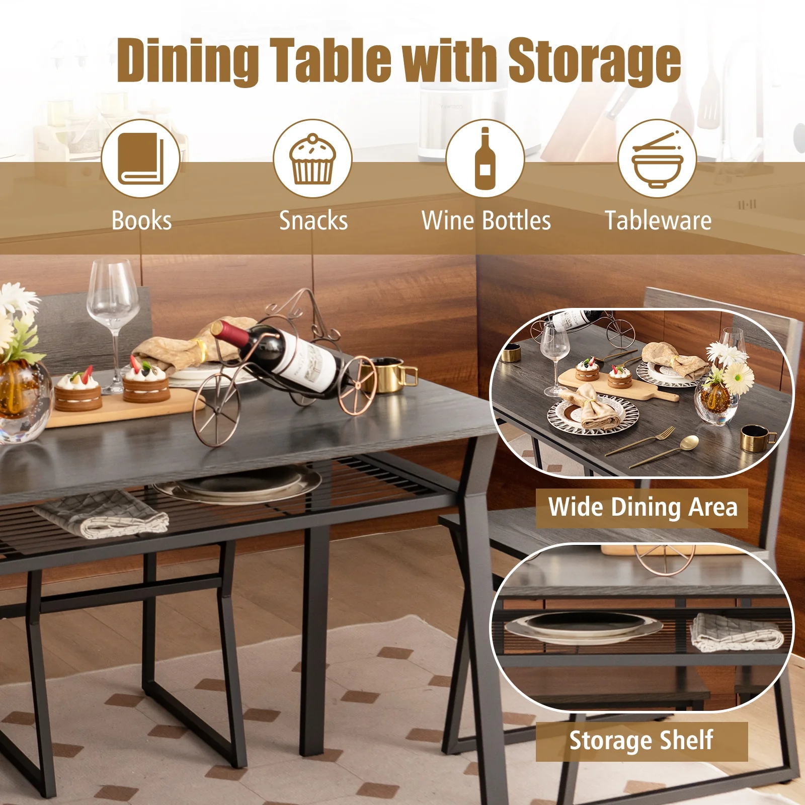 5 Piece Dining Table Set, Storage Rack, Metal Frame, Gray - Image 9