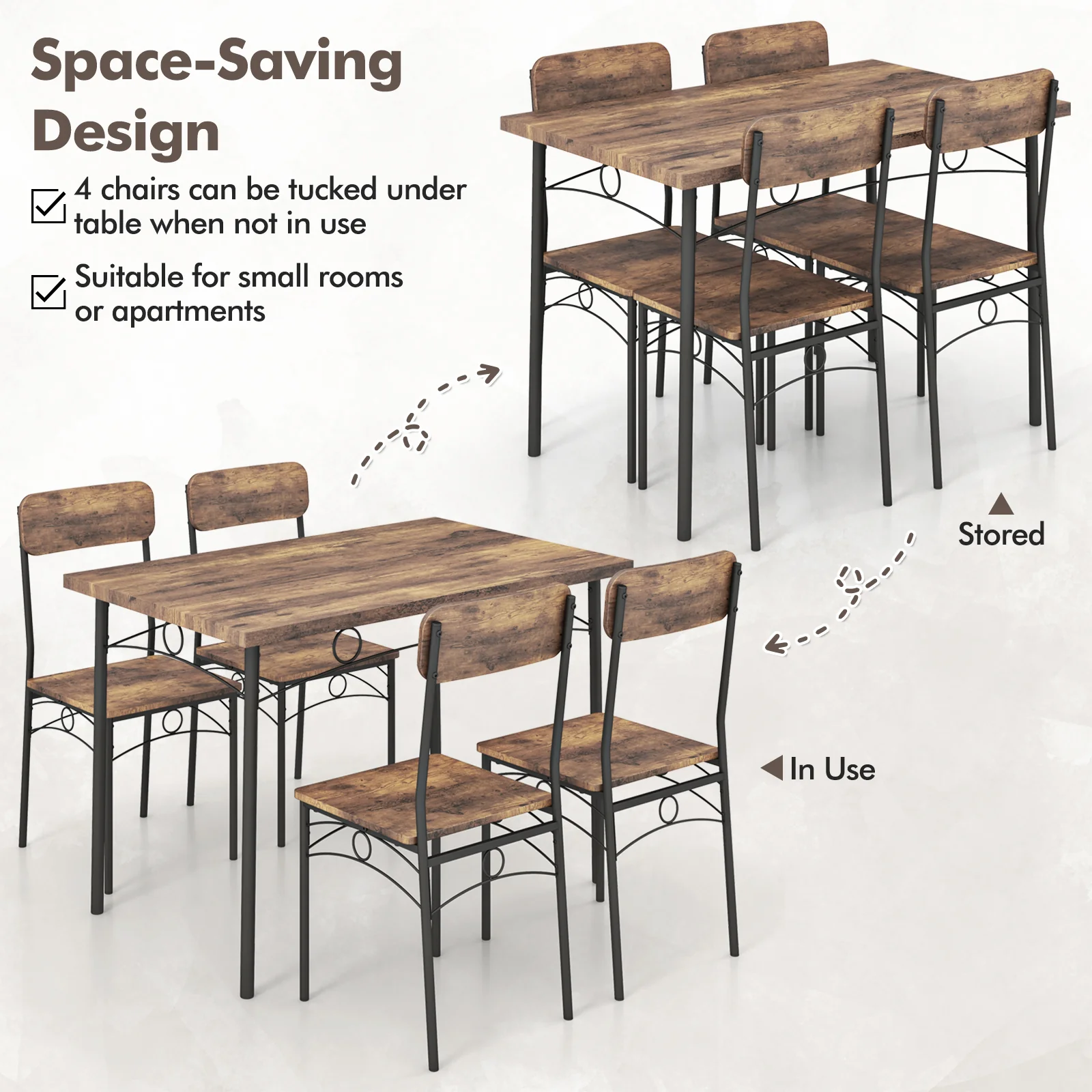 5-Piece Industrial Dining Table Set for 4 for Small Place Apartment, Brown - Image 10