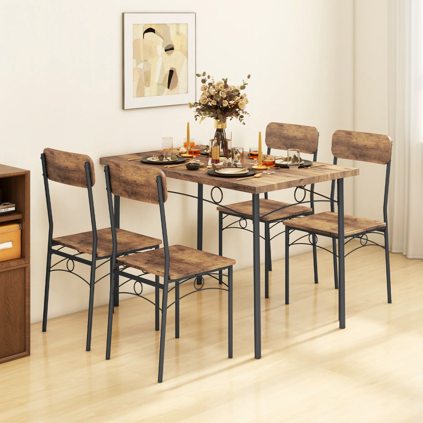 5-Piece Industrial Dining Table Set for 4 for Small Place Apartment, Brown - Image 2
