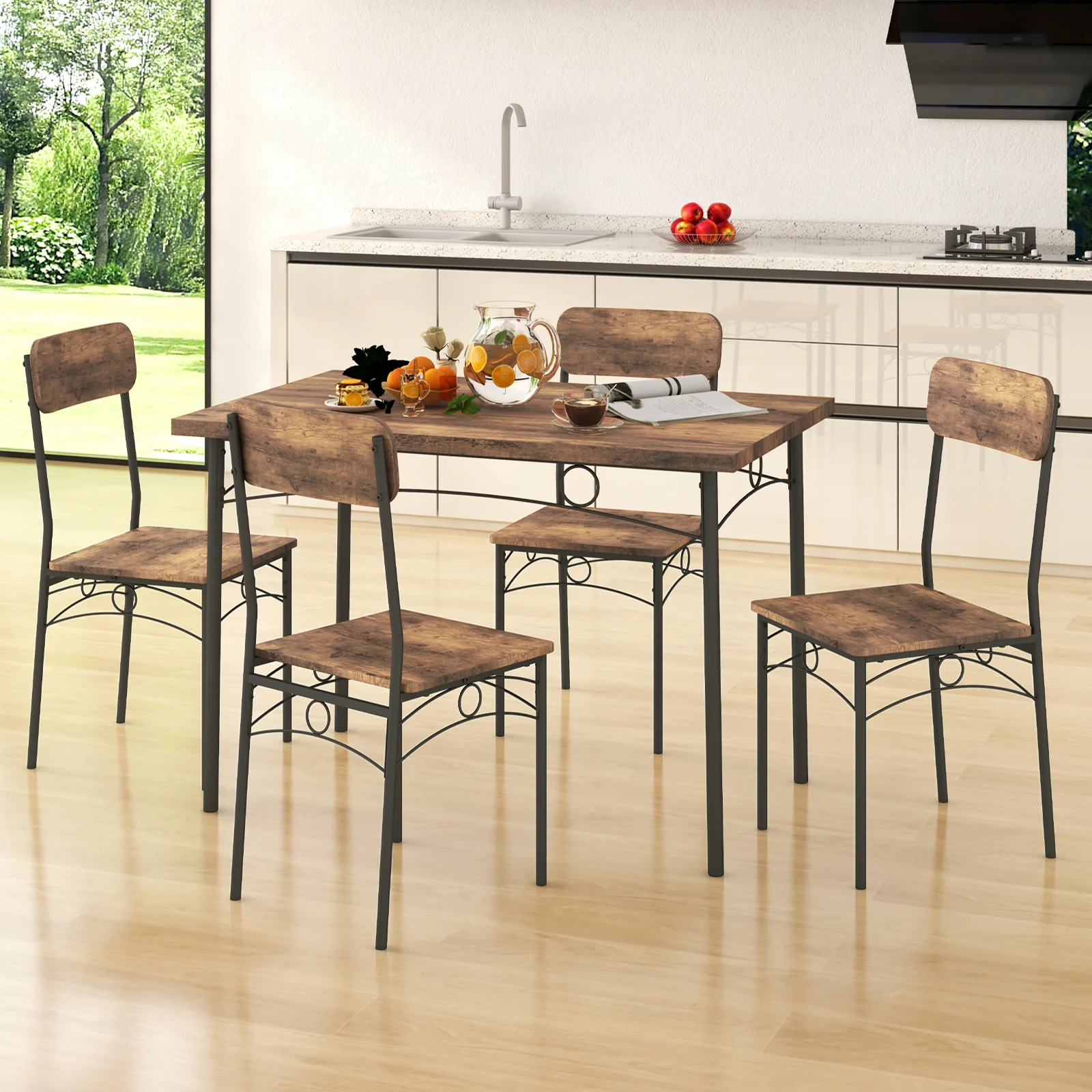 5-Piece Industrial Dining Table Set for 4 for Small Place Apartment, Brown - Image 3