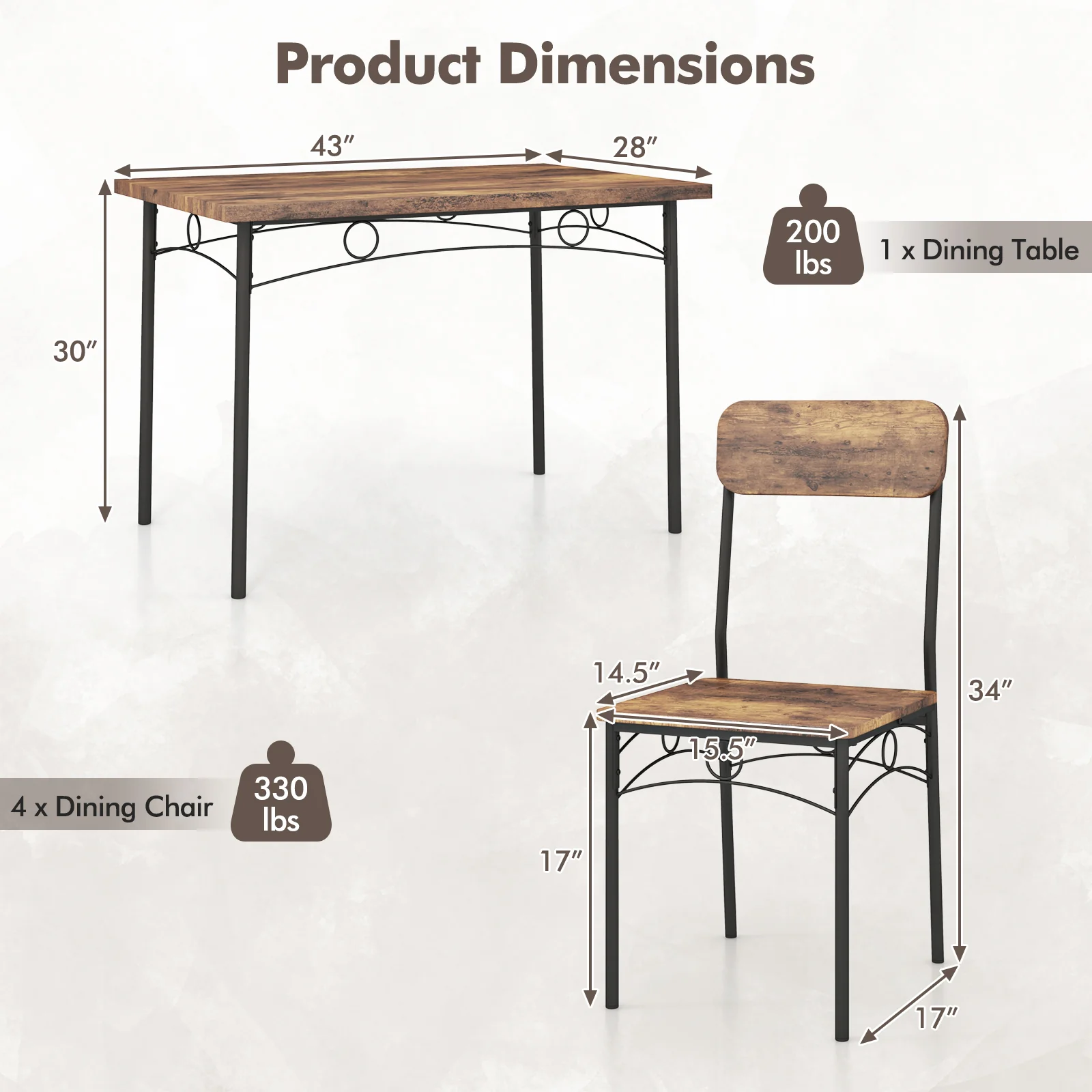 5-Piece Industrial Dining Table Set for 4 for Small Place Apartment, Brown - Image 6