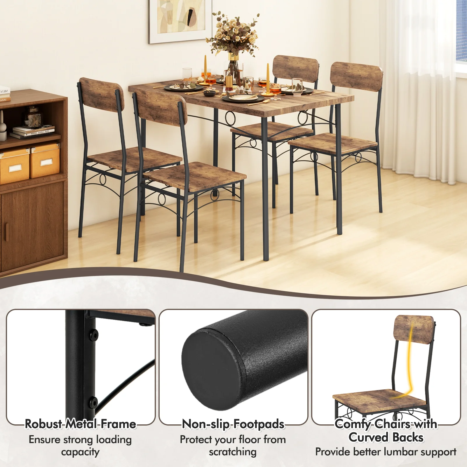 5-Piece Industrial Dining Table Set for 4 for Small Place Apartment, Brown - Image 8