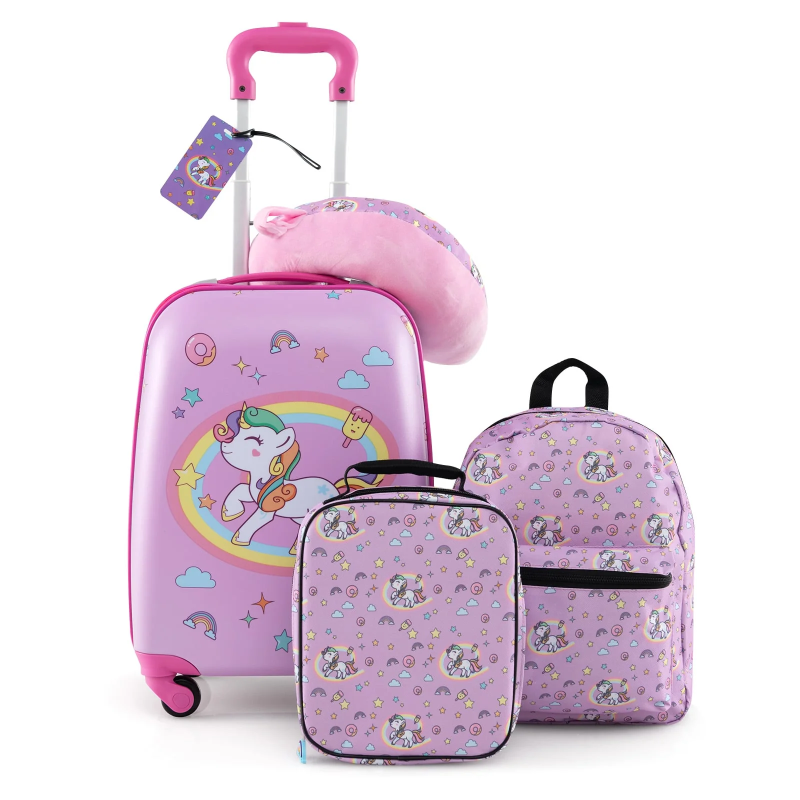 5 Piece Kids Luggage Set, Backpack, Neck Pillow, Name Tag, Lunch Bag, Purple - Image 3