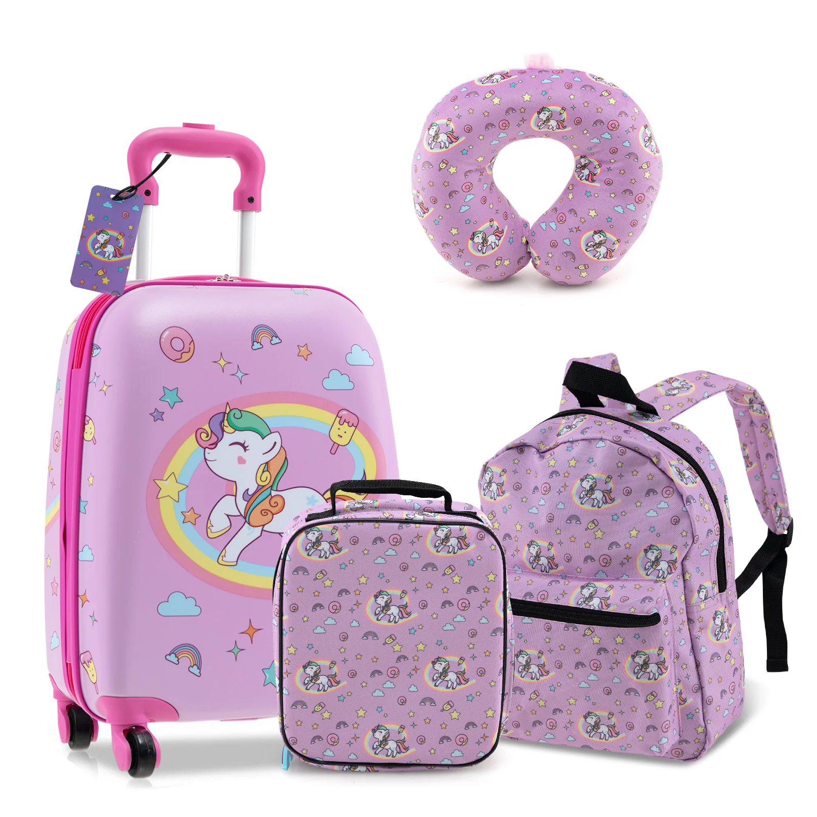 5 Piece Kids Luggage Set, Backpack, Neck Pillow, Name Tag, Lunch Bag, Purple - Image 4