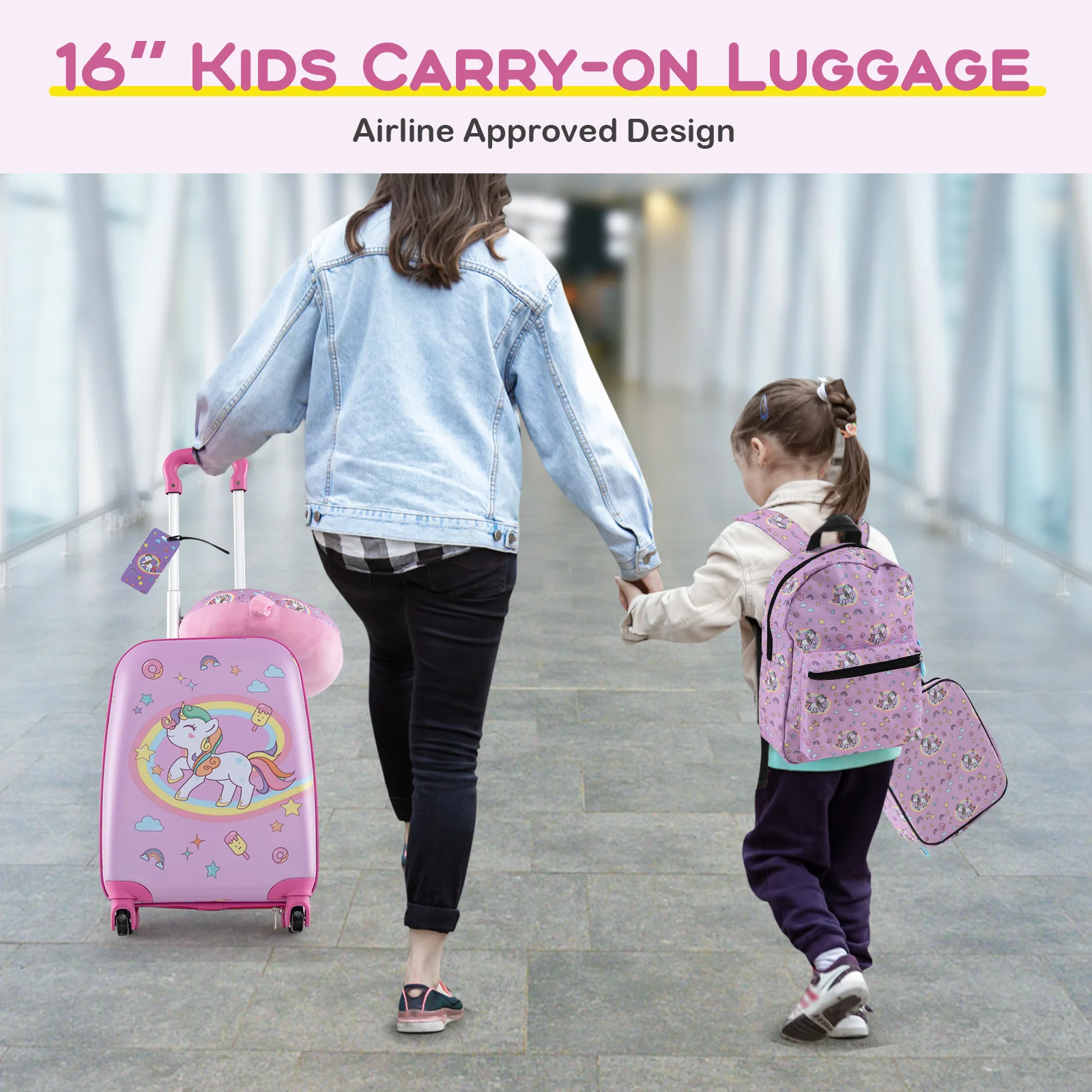 5 Piece Kids Luggage Set, Backpack, Neck Pillow, Name Tag, Lunch Bag, Purple - Image 6