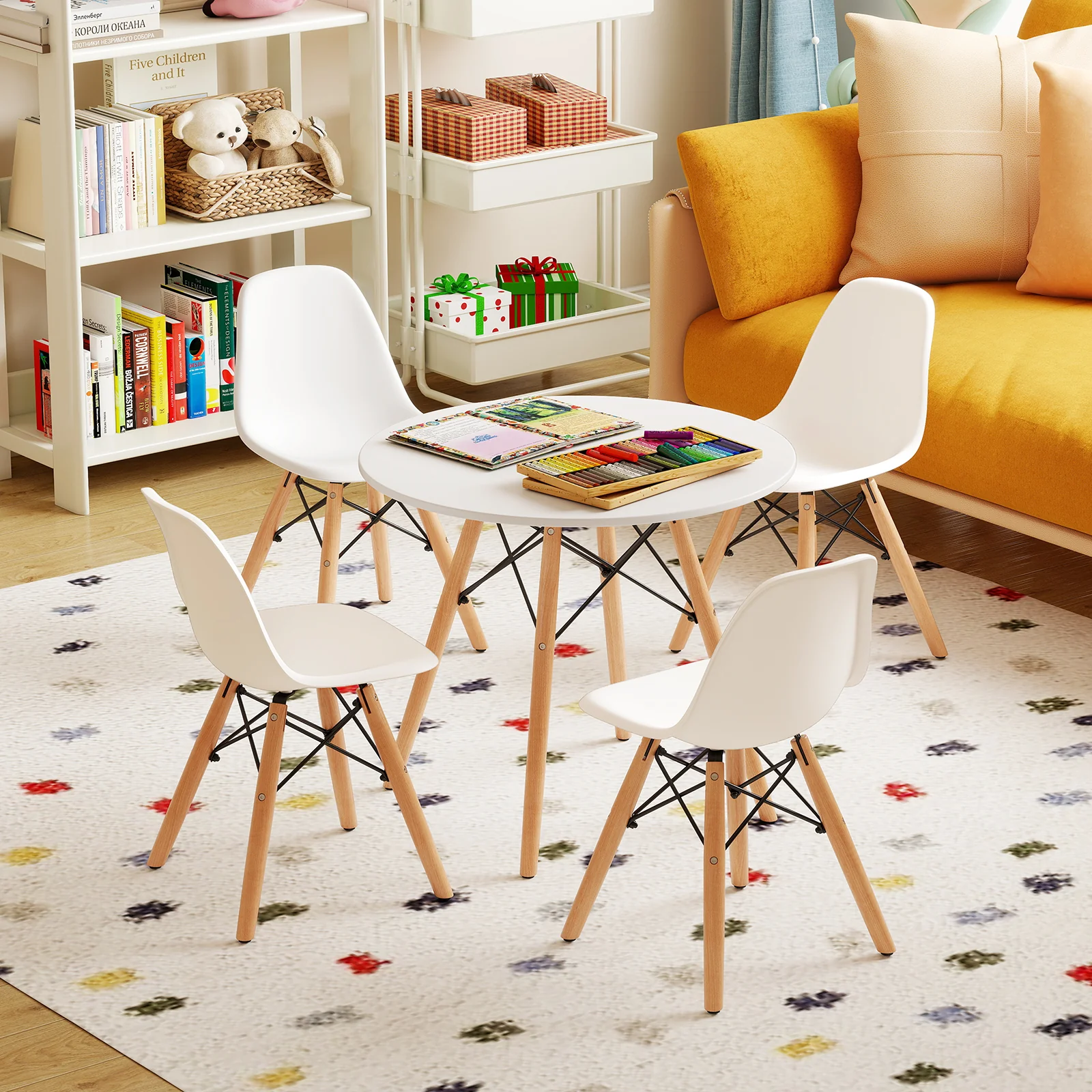 5-Piece Kids Mid-Century Modern Table Chairs Set, White - Image 3