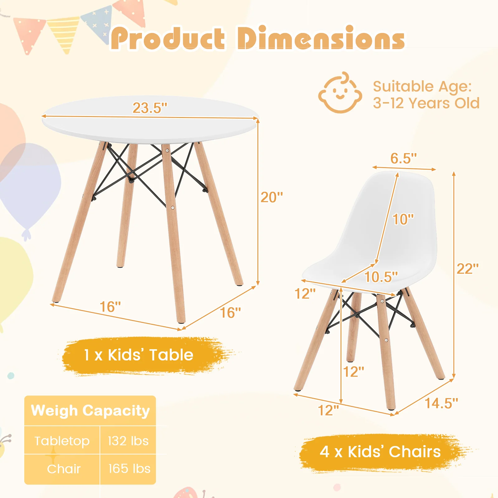 5-Piece Kids Mid-Century Modern Table Chairs Set, White - Image 6
