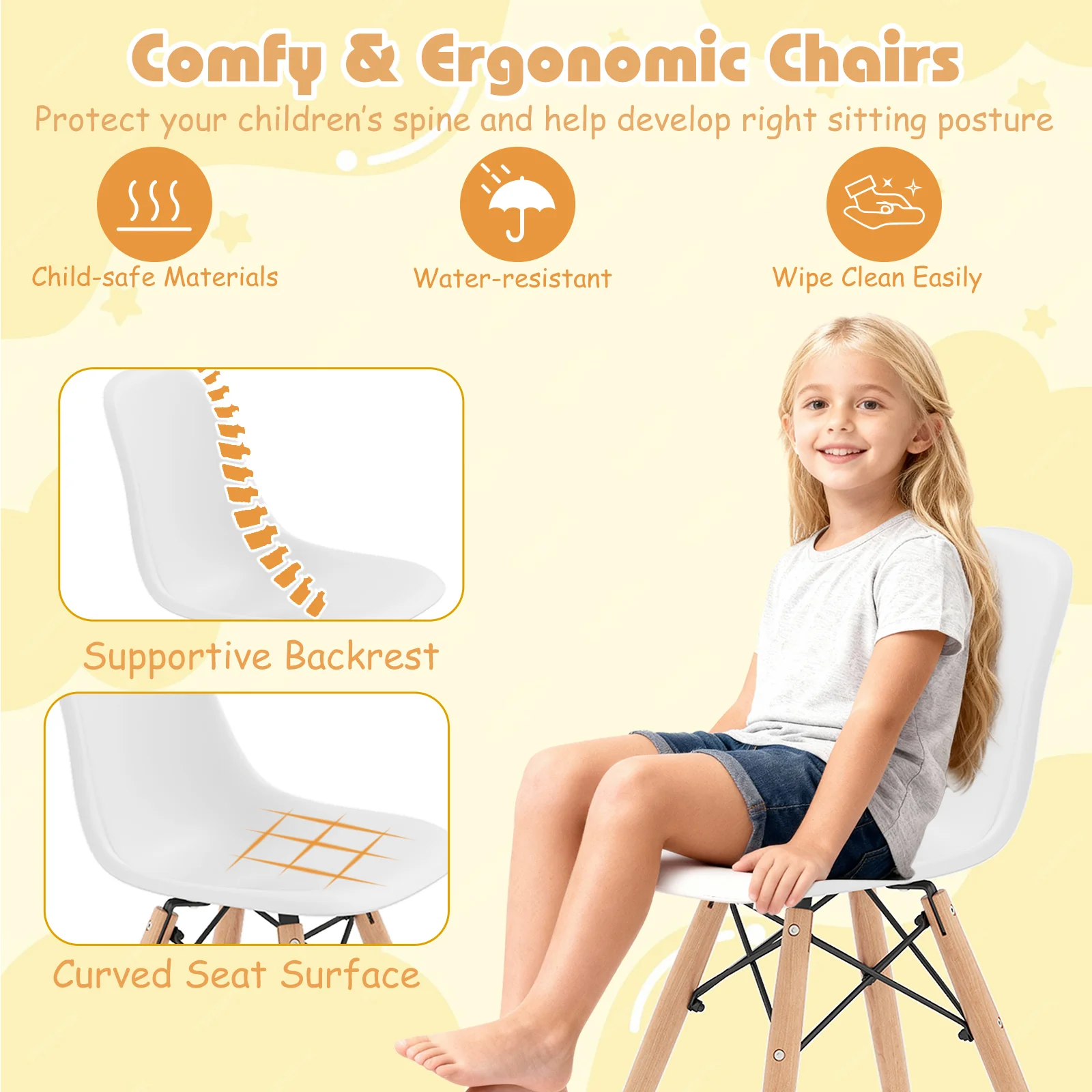 5-Piece Kids Mid-Century Modern Table Chairs Set, White - Image 7