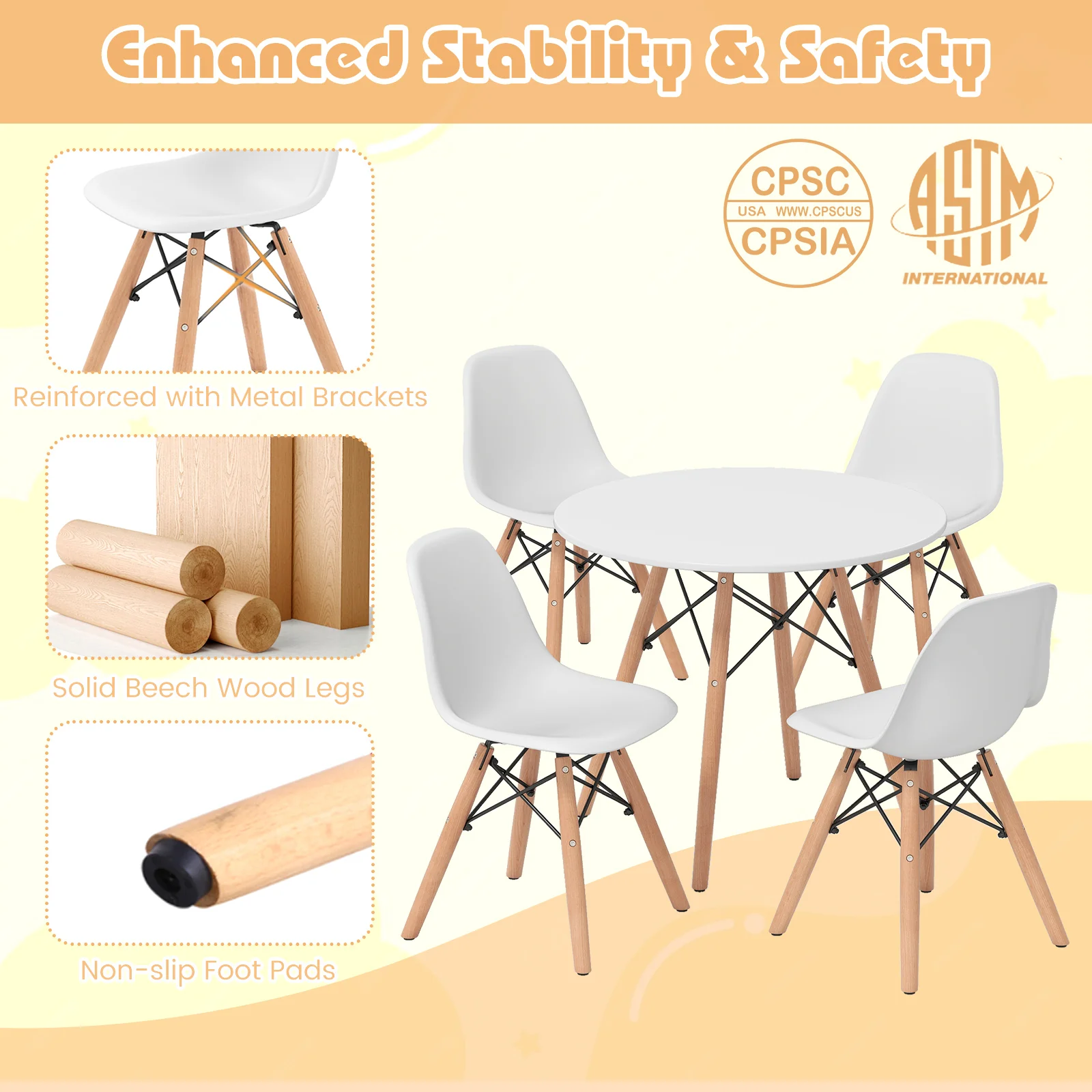 5-Piece Kids Mid-Century Modern Table Chairs Set, White - Image 8