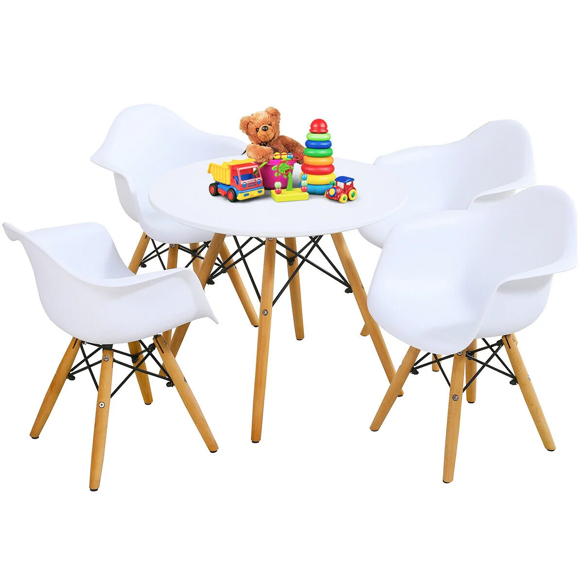 5 Piece Kids Modern Round Table Chair Set, White - Image 10