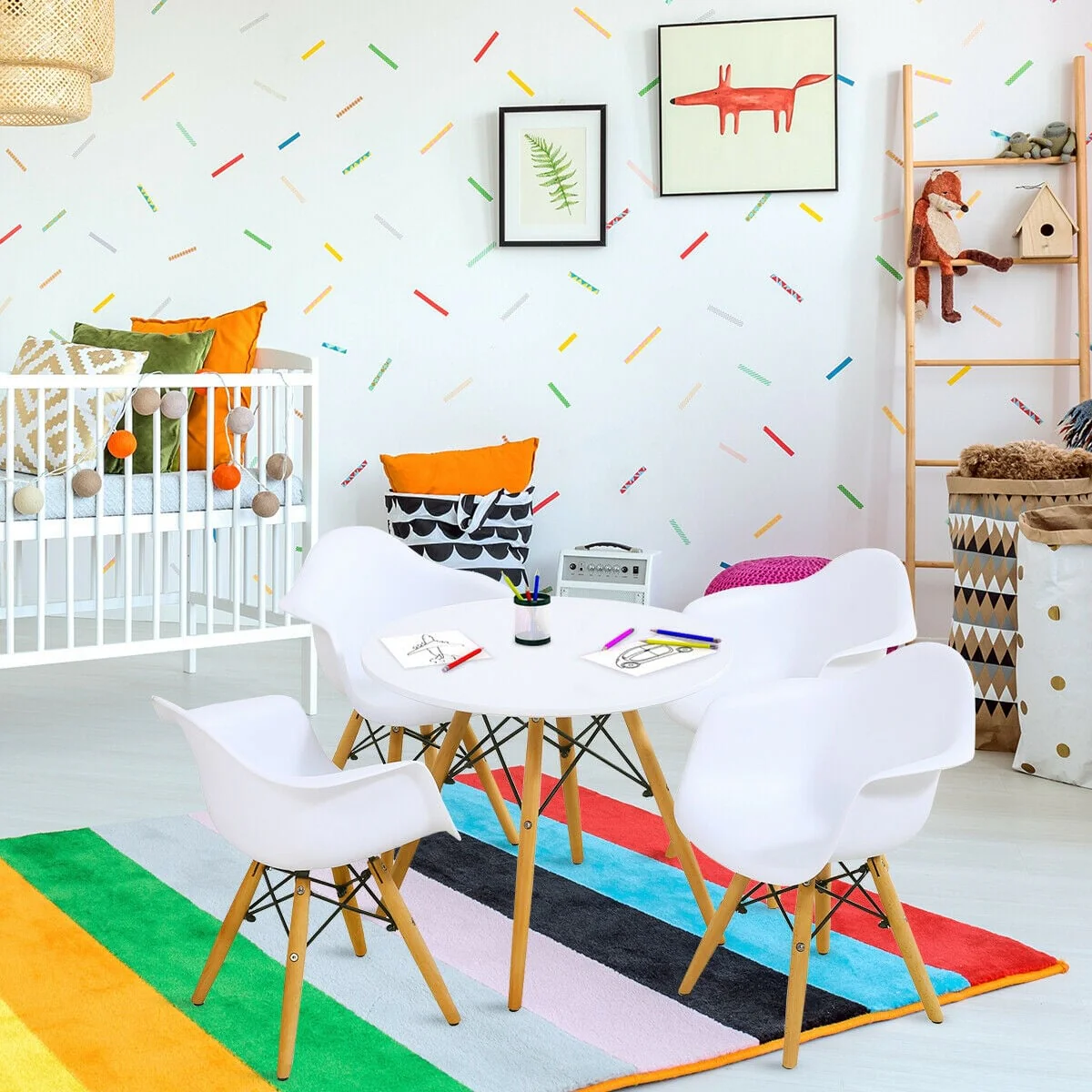 5 Piece Kids Modern Round Table Chair Set, White - Image 2