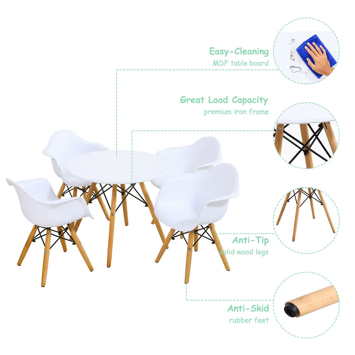 5 Piece Kids Modern Round Table Chair Set, White - Image 7