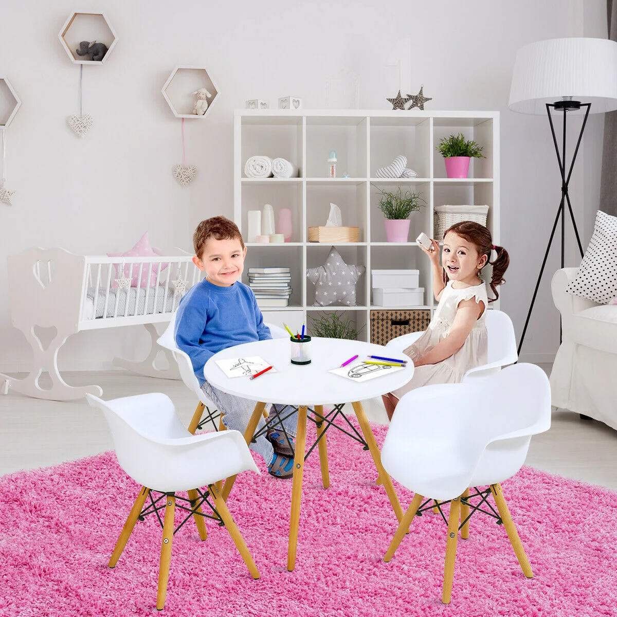 5 Piece Kids Modern Round Table Chair Set, White - Image 8