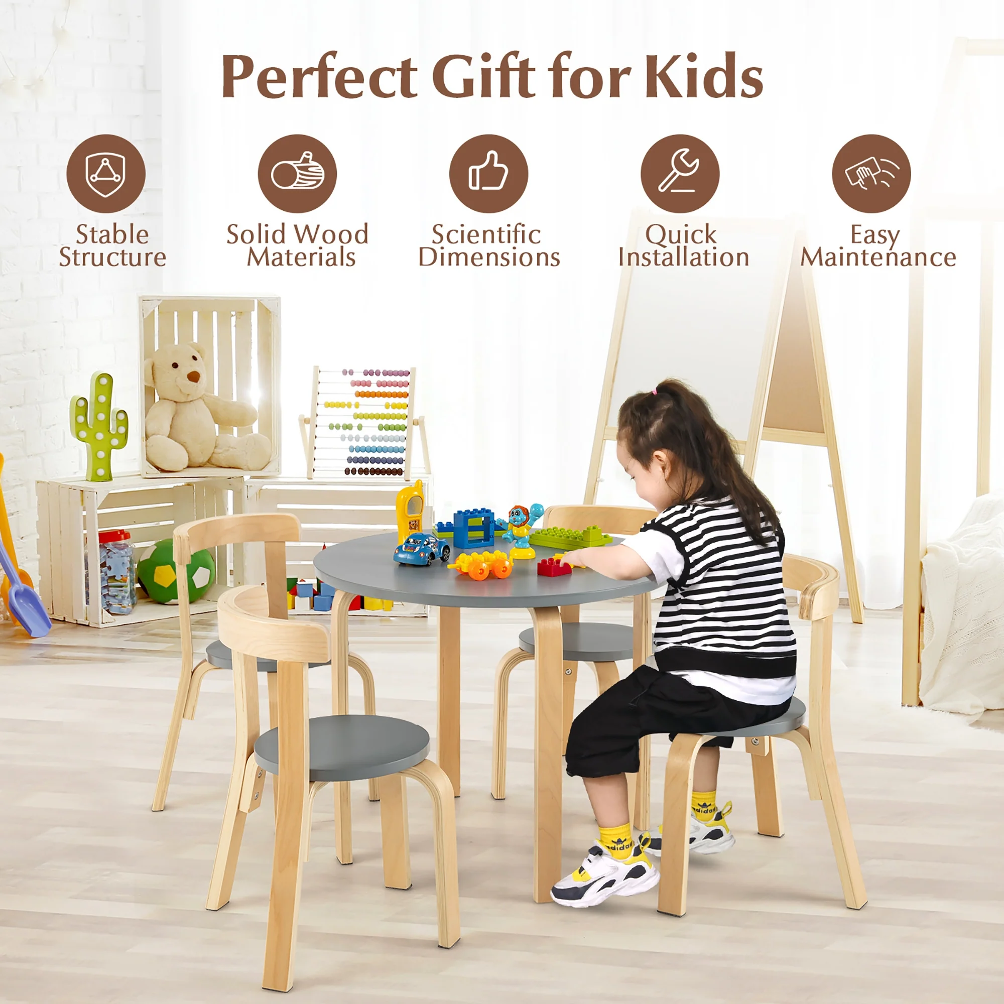 5-Piece Kids Wooden Activity Table And Chair Set, Gray - Image 3