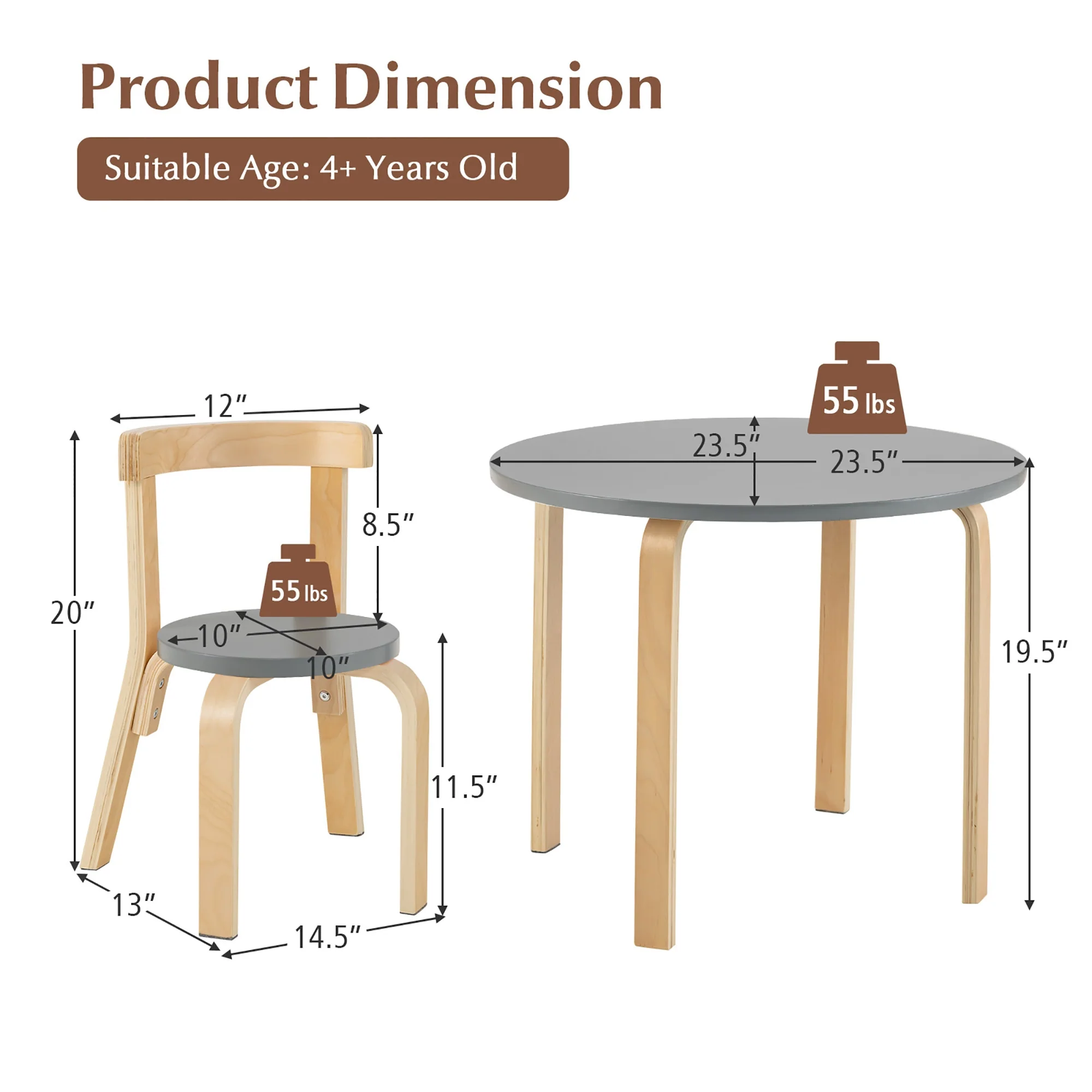 5-Piece Kids Wooden Activity Table And Chair Set, Gray - Image 6
