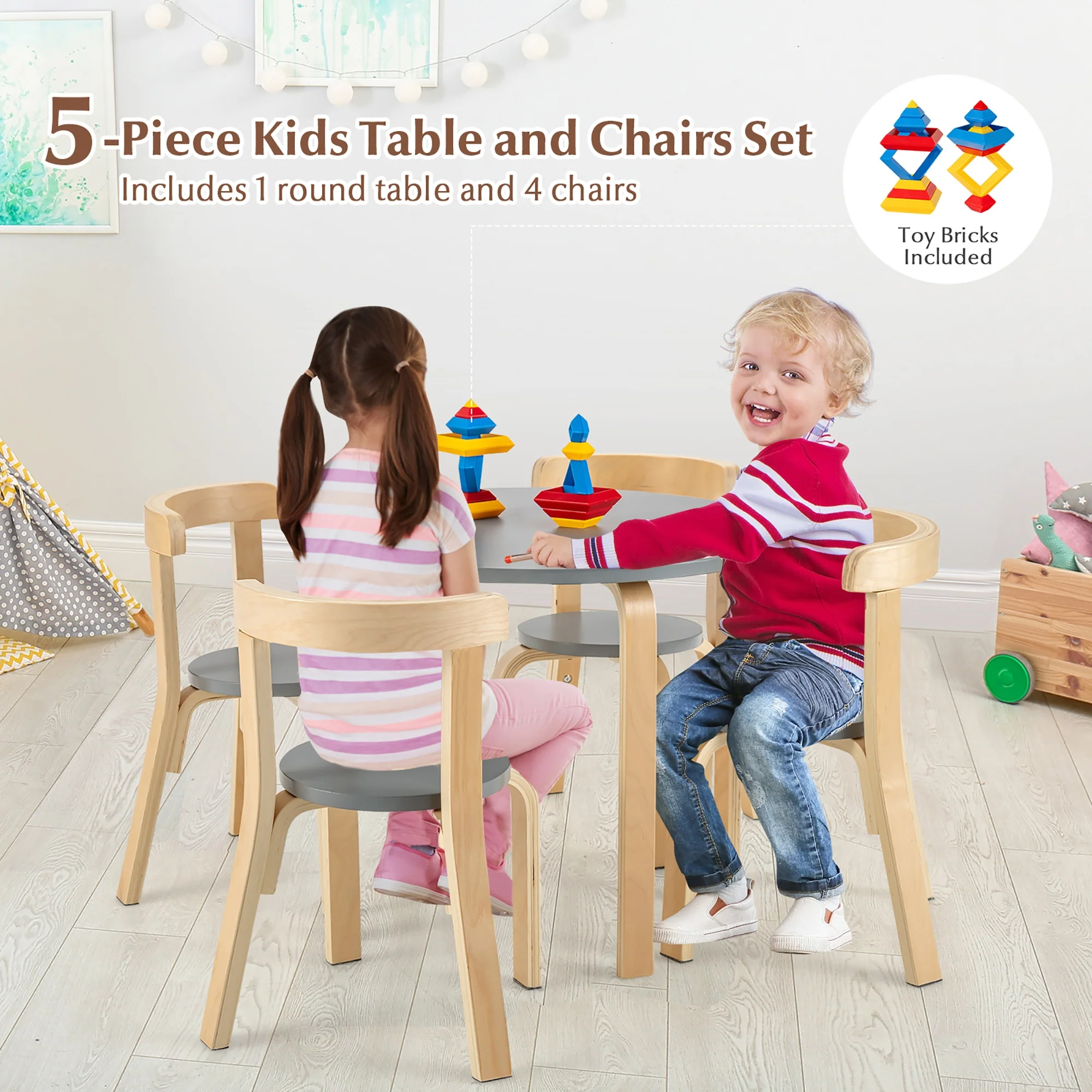 5-Piece Kids Wooden Activity Table And Chair Set, Gray - Image 8