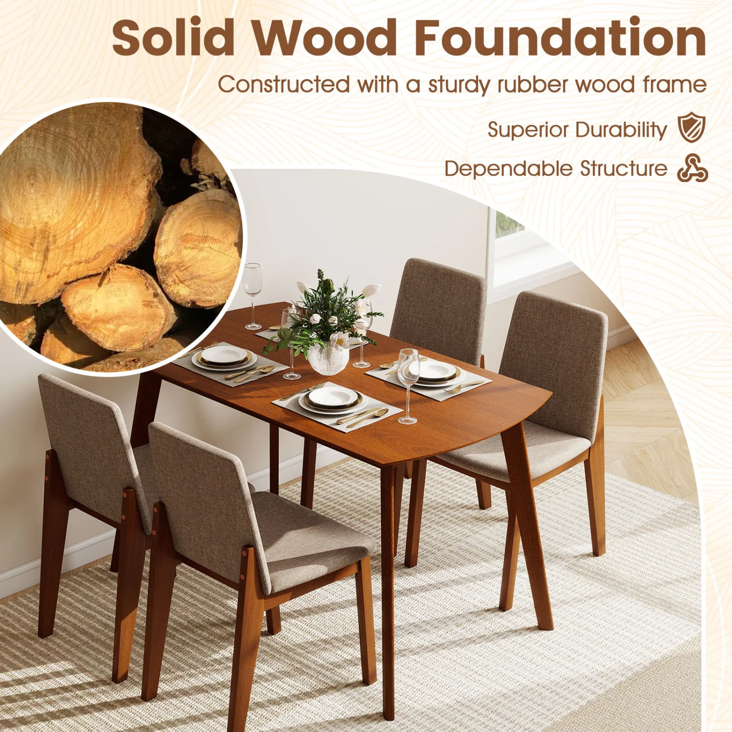 5-Piece Kitchen Table And Upholstered Chairs, Light Brown - Image 6