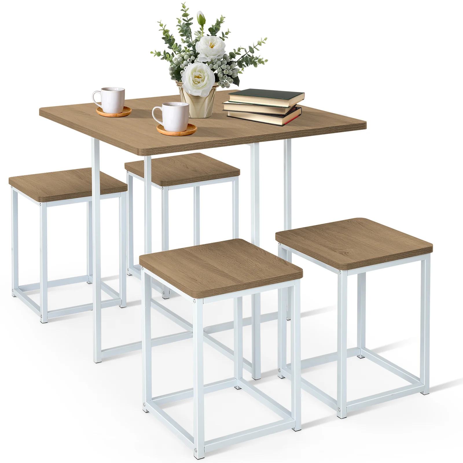 5 Piece Metal Frame Dining Set, Compact Table, 4 Stools, Natural