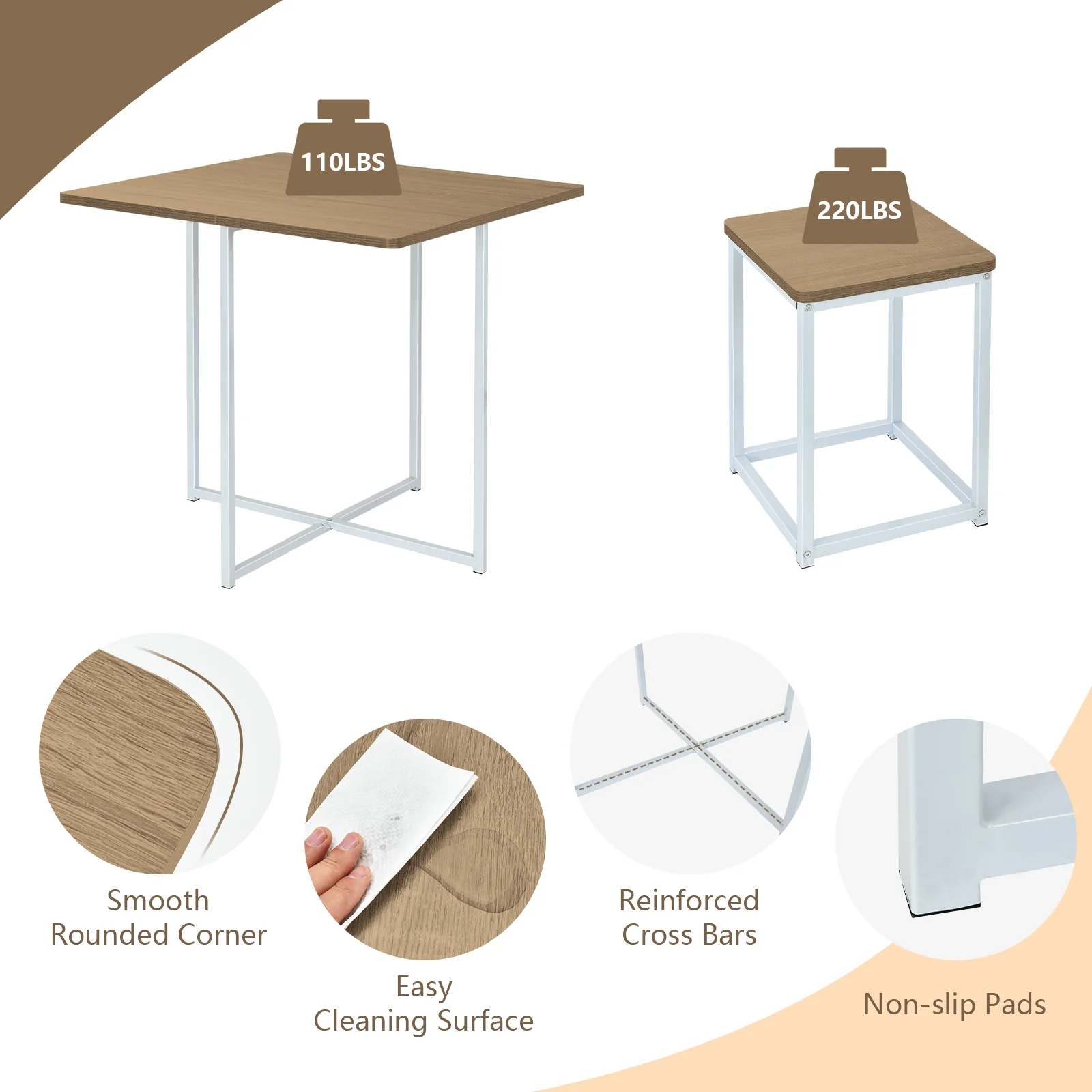5 Piece Metal Frame Dining Set, Compact Table, 4 Stools, Natural - Image 10