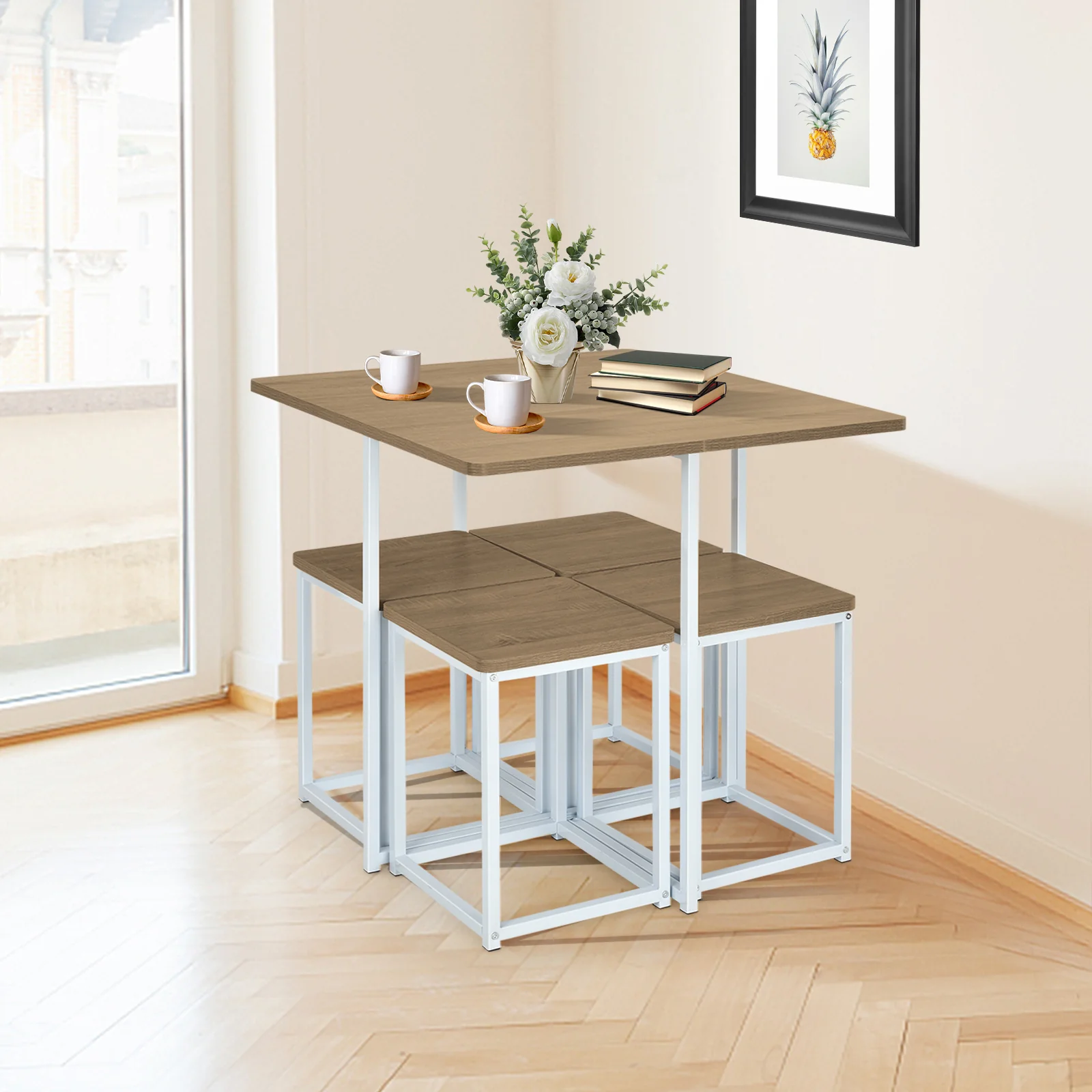 5 Piece Metal Frame Dining Set, Compact Table, 4 Stools, Natural - Image 2