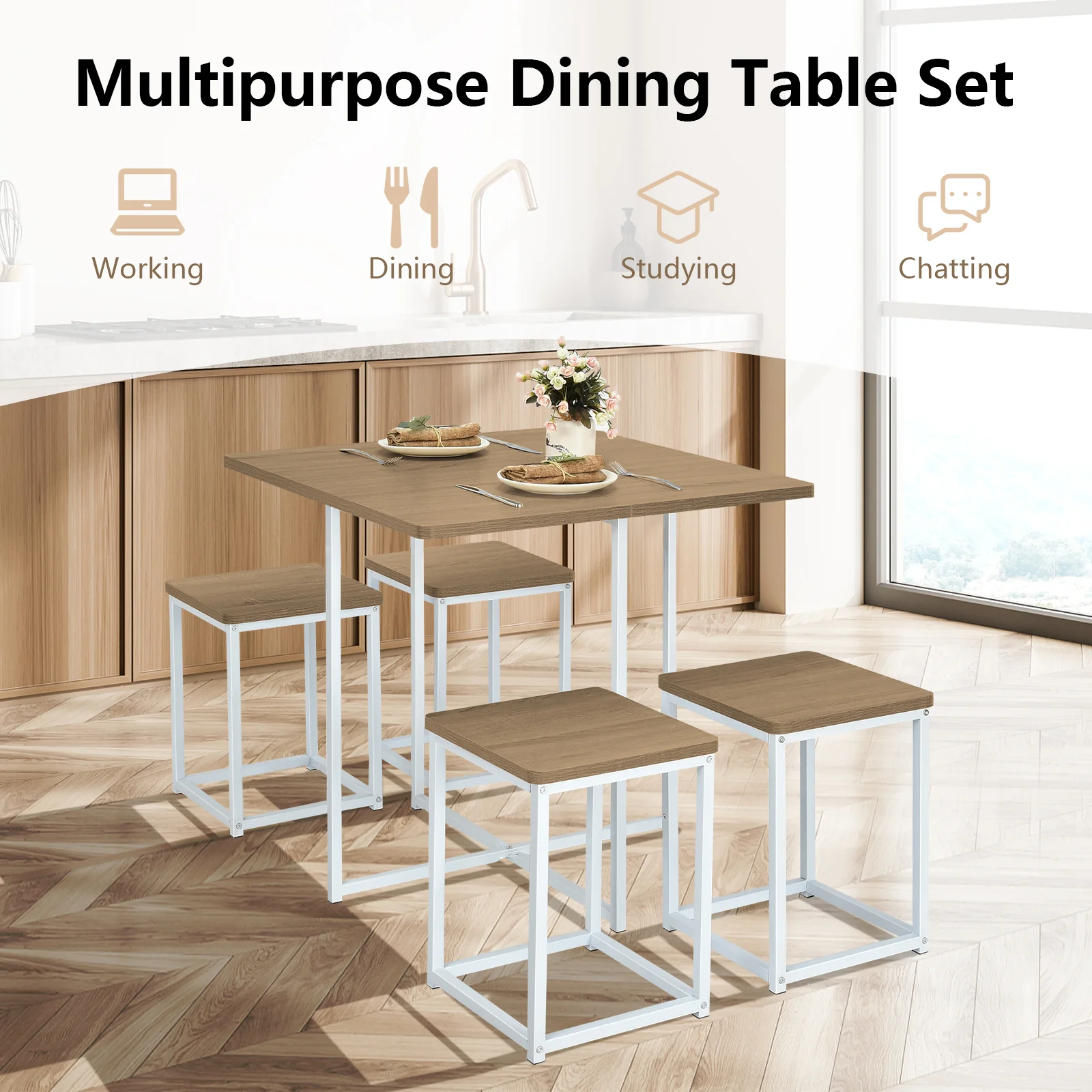 5 Piece Metal Frame Dining Set, Compact Table, 4 Stools, Natural - Image 3
