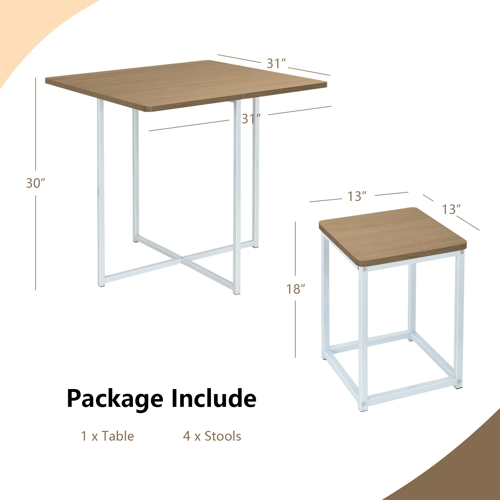5 Piece Metal Frame Dining Set, Compact Table, 4 Stools, Natural - Image 5