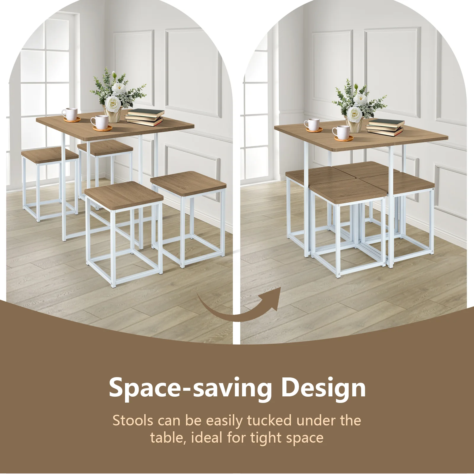 5 Piece Metal Frame Dining Set, Compact Table, 4 Stools, Natural - Image 6
