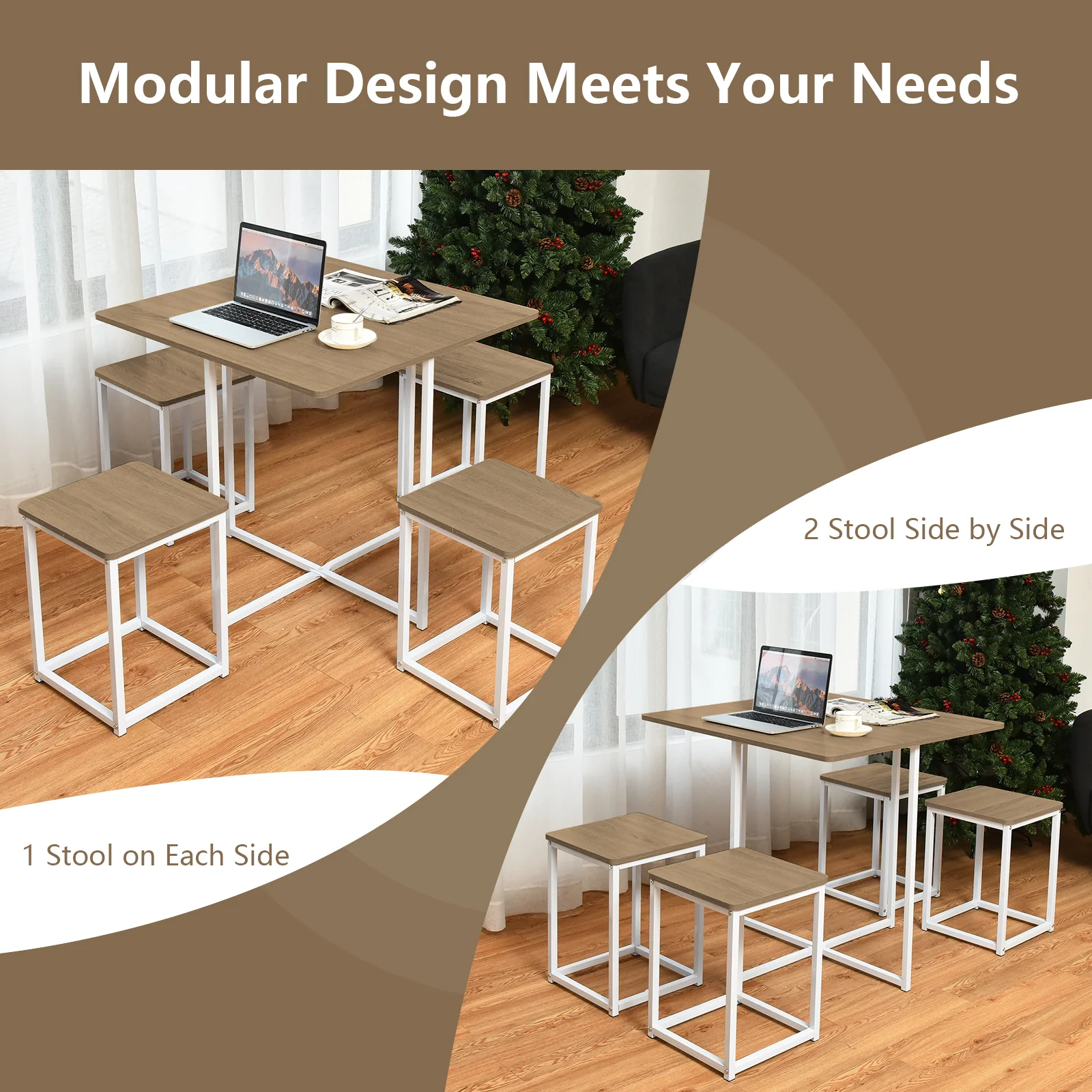 5 Piece Metal Frame Dining Set, Compact Table, 4 Stools, Natural - Image 7