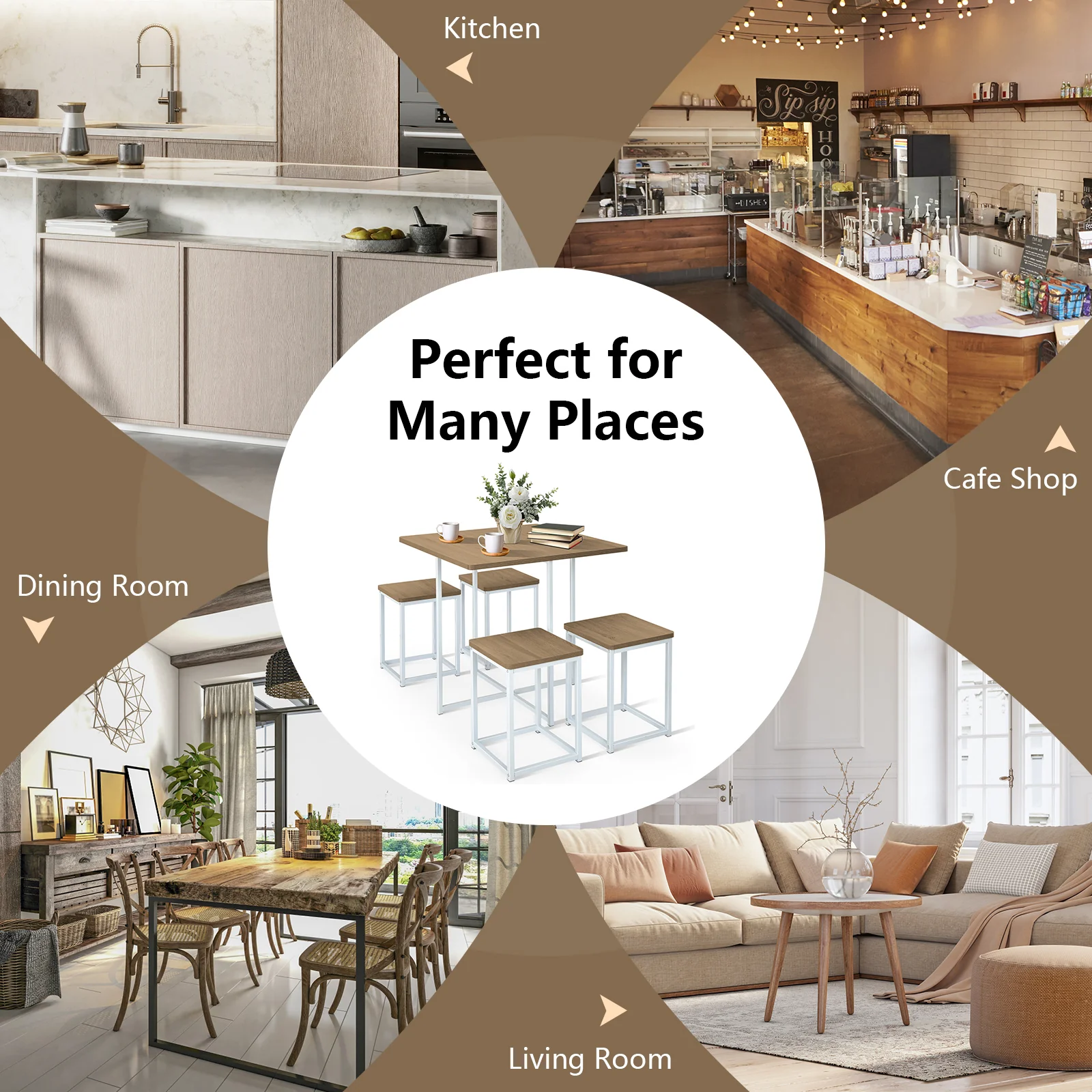 5 Piece Metal Frame Dining Set, Compact Table, 4 Stools, Natural - Image 8