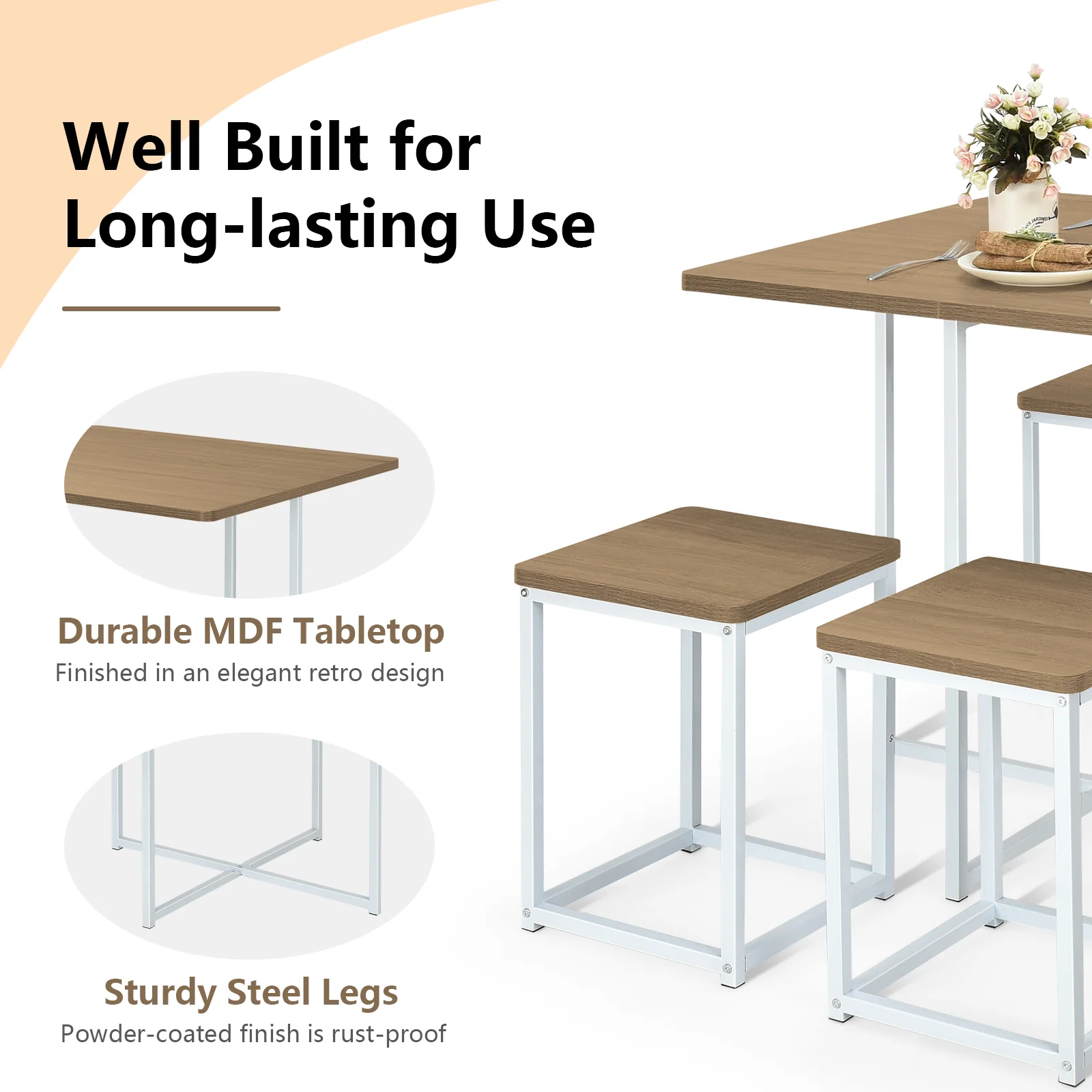 5 Piece Metal Frame Dining Set, Compact Table, 4 Stools, Natural - Image 9