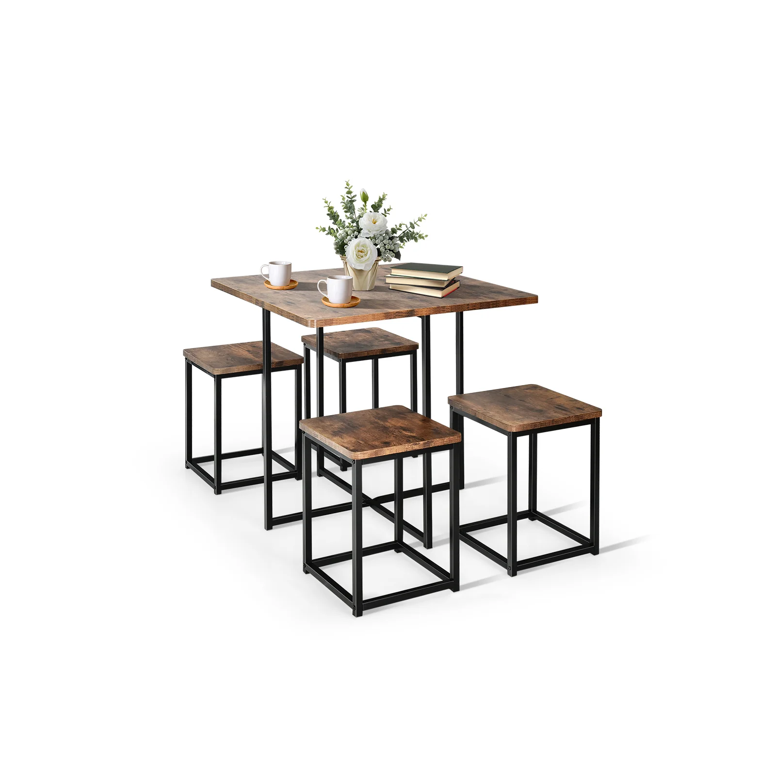 5 Piece Metal Frame Dining Set, Compact Table And 4 Stools, Walnut
