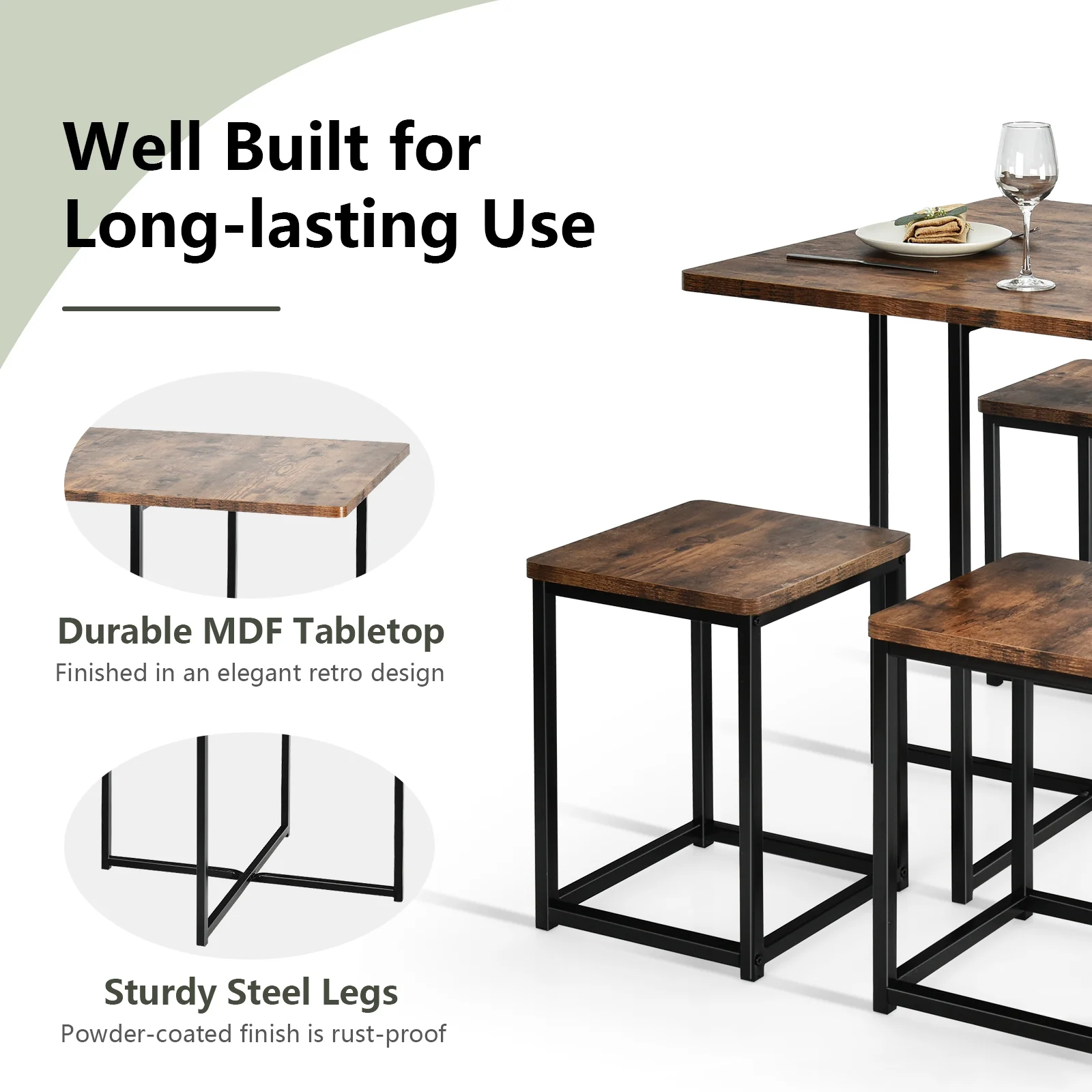 5 Piece Metal Frame Dining Set, Compact Table And 4 Stools, Walnut - Image 10