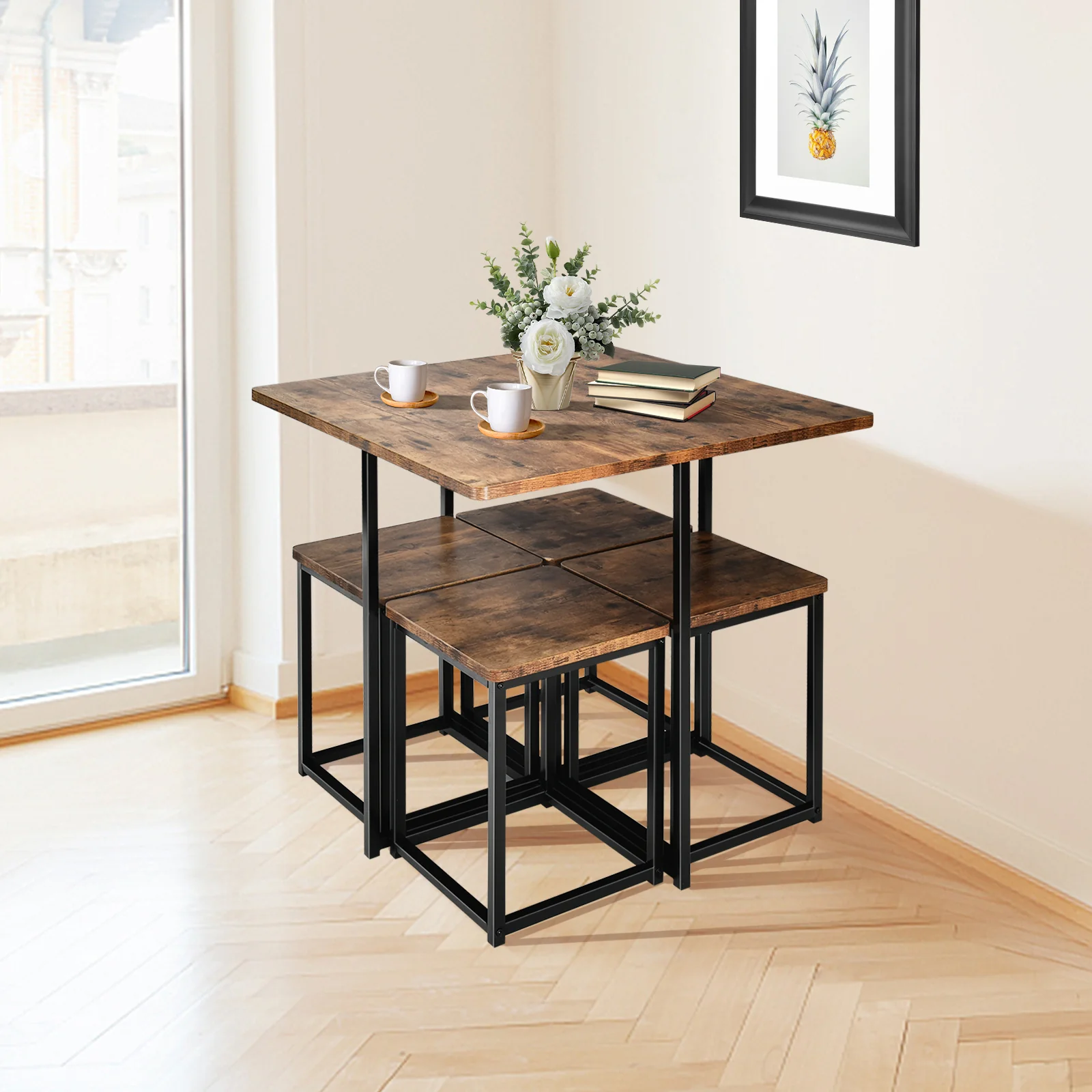 5 Piece Metal Frame Dining Set, Compact Table And 4 Stools, Walnut - Image 2