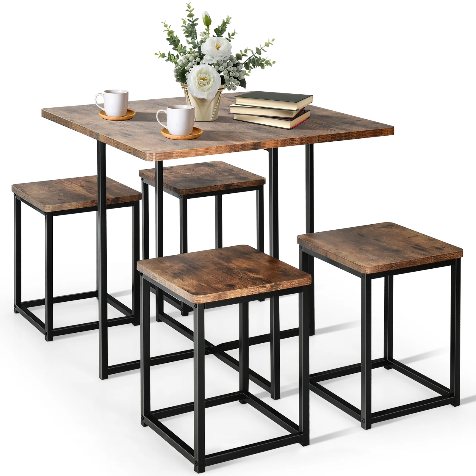 5 Piece Metal Frame Dining Set, Compact Table And 4 Stools, Walnut - Image 4