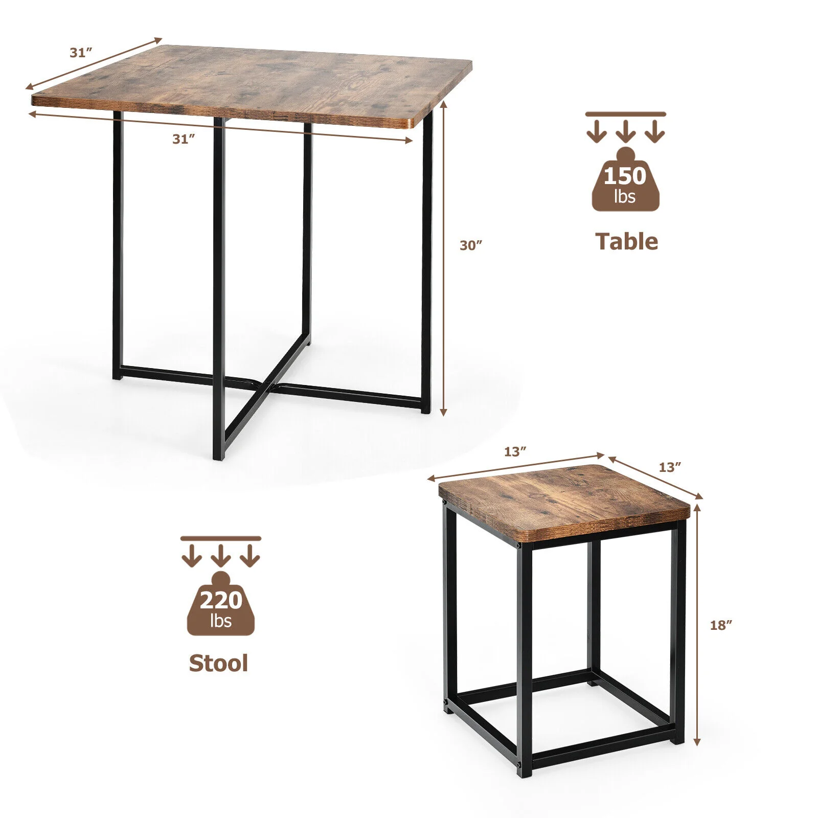 5 Piece Metal Frame Dining Set, Compact Table And 4 Stools, Walnut - Image 5
