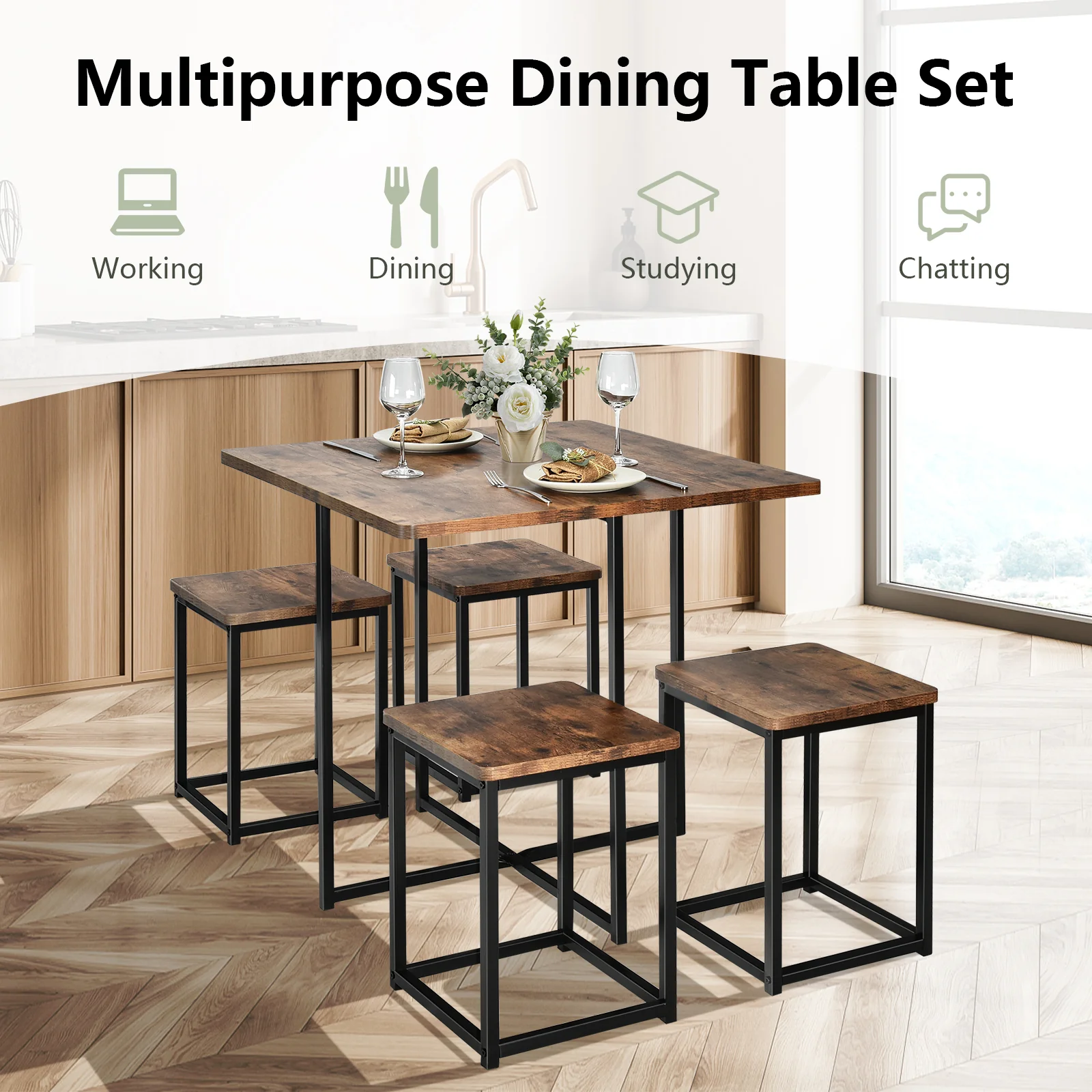 5 Piece Metal Frame Dining Set, Compact Table And 4 Stools, Walnut - Image 6