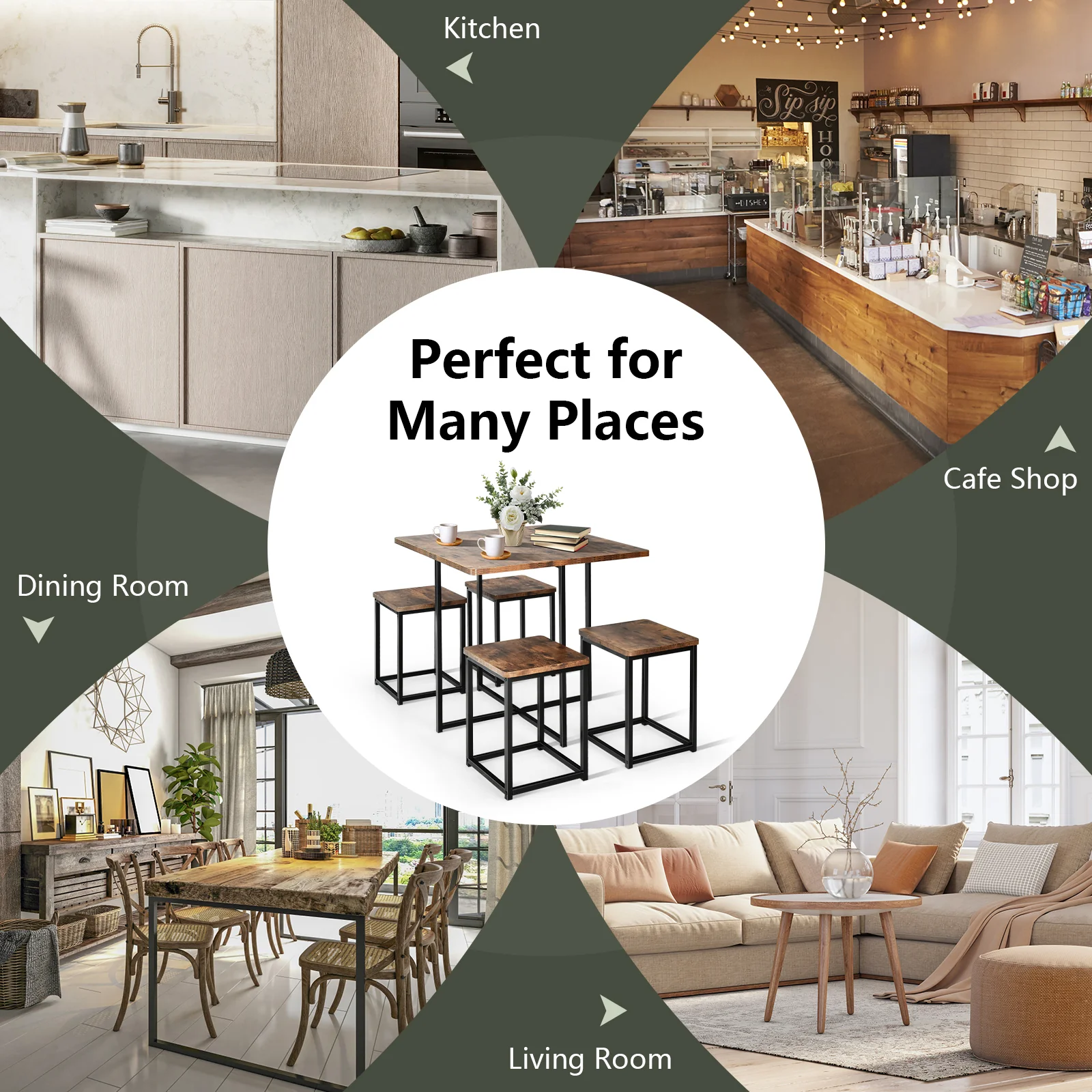 5 Piece Metal Frame Dining Set, Compact Table And 4 Stools, Walnut - Image 7