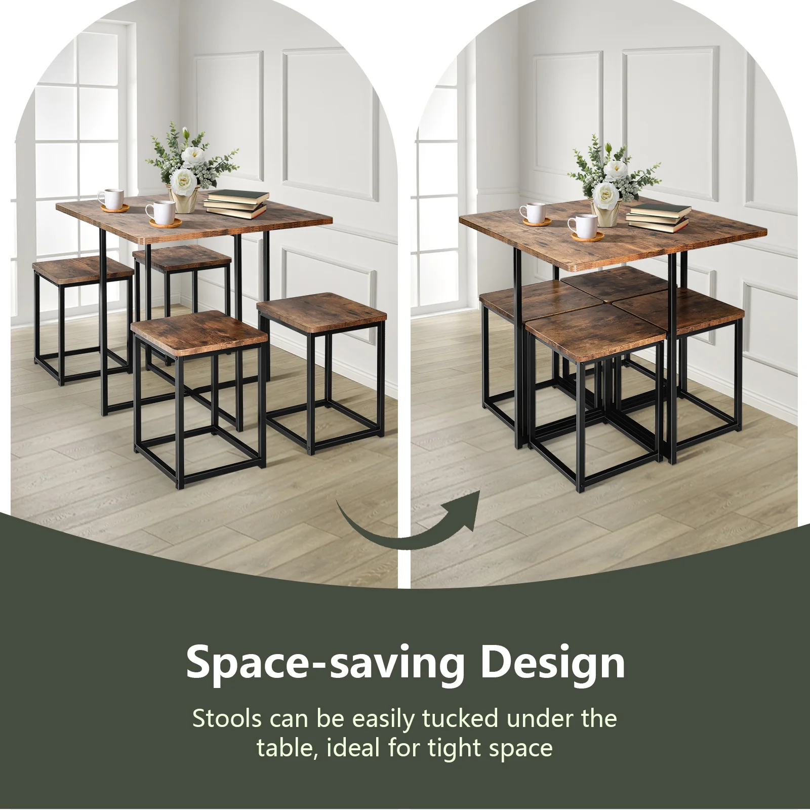 5 Piece Metal Frame Dining Set, Compact Table And 4 Stools, Walnut - Image 8