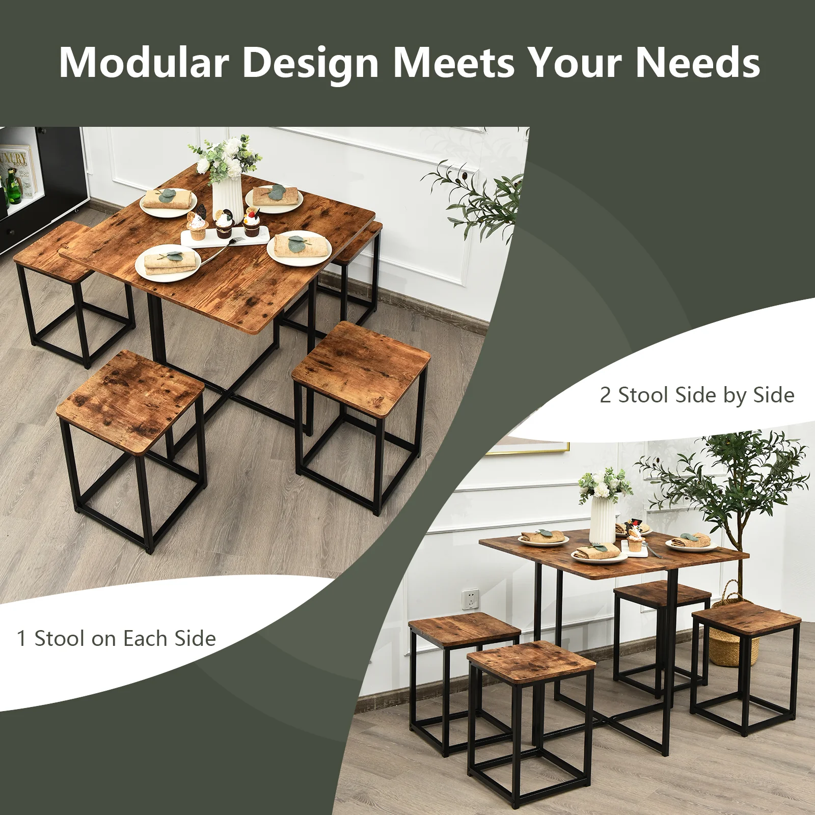 5 Piece Metal Frame Dining Set, Compact Table And 4 Stools, Walnut - Image 9