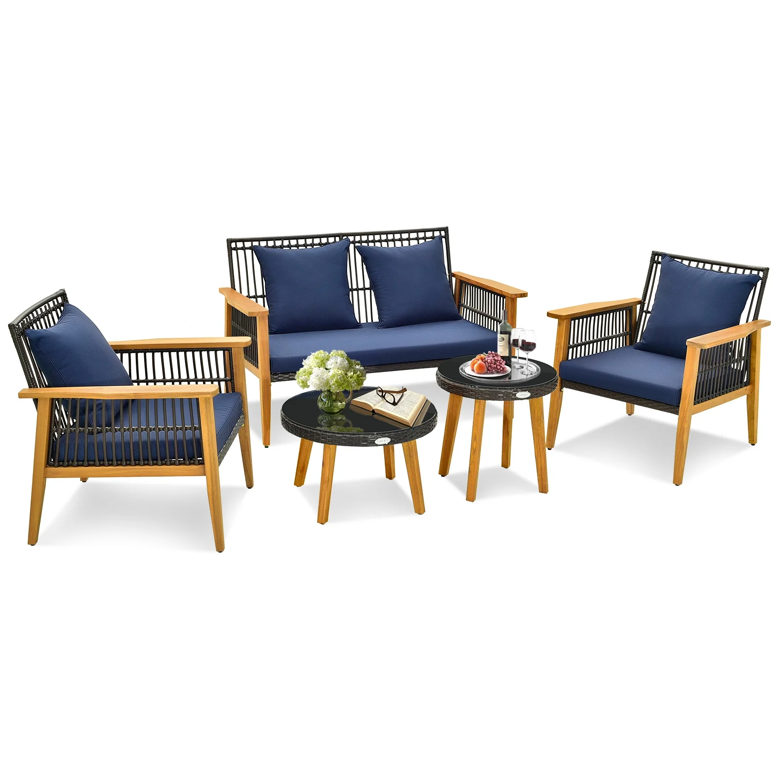 5 Piece Outdoor Conversation Set, 2 Coffee Tables, Navy