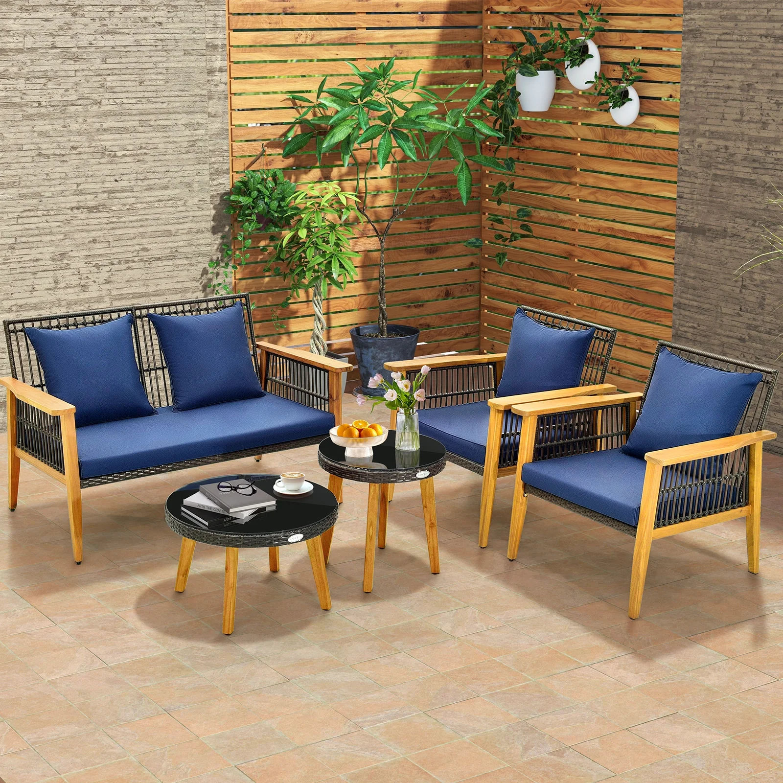 5 Piece Outdoor Conversation Set, 2 Coffee Tables, Navy - Image 2