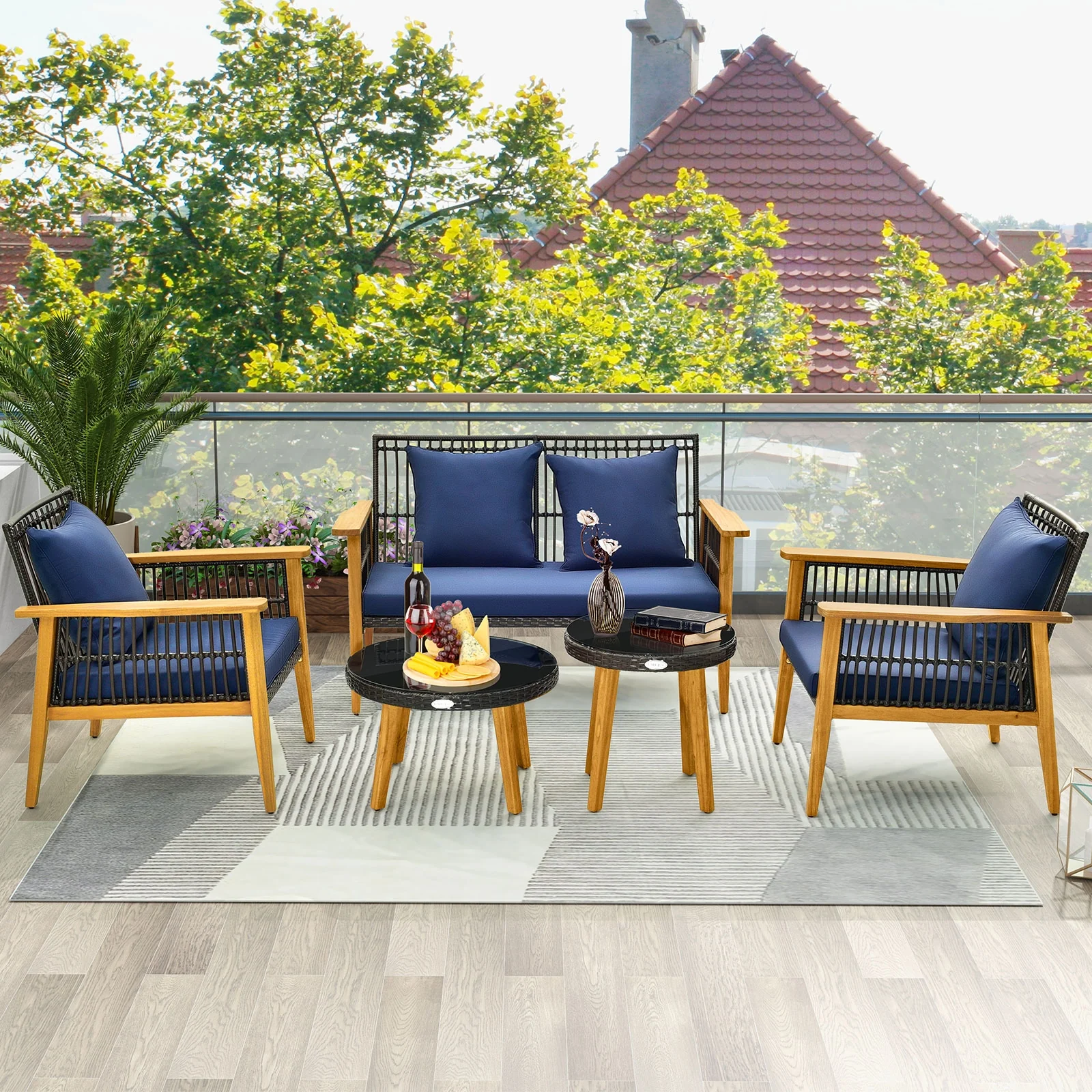 5 Piece Outdoor Conversation Set, 2 Coffee Tables, Navy - Image 3