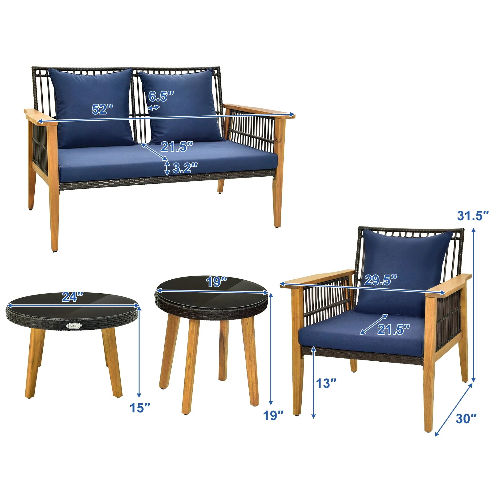 5 Piece Outdoor Conversation Set, 2 Coffee Tables, Navy - Image 6