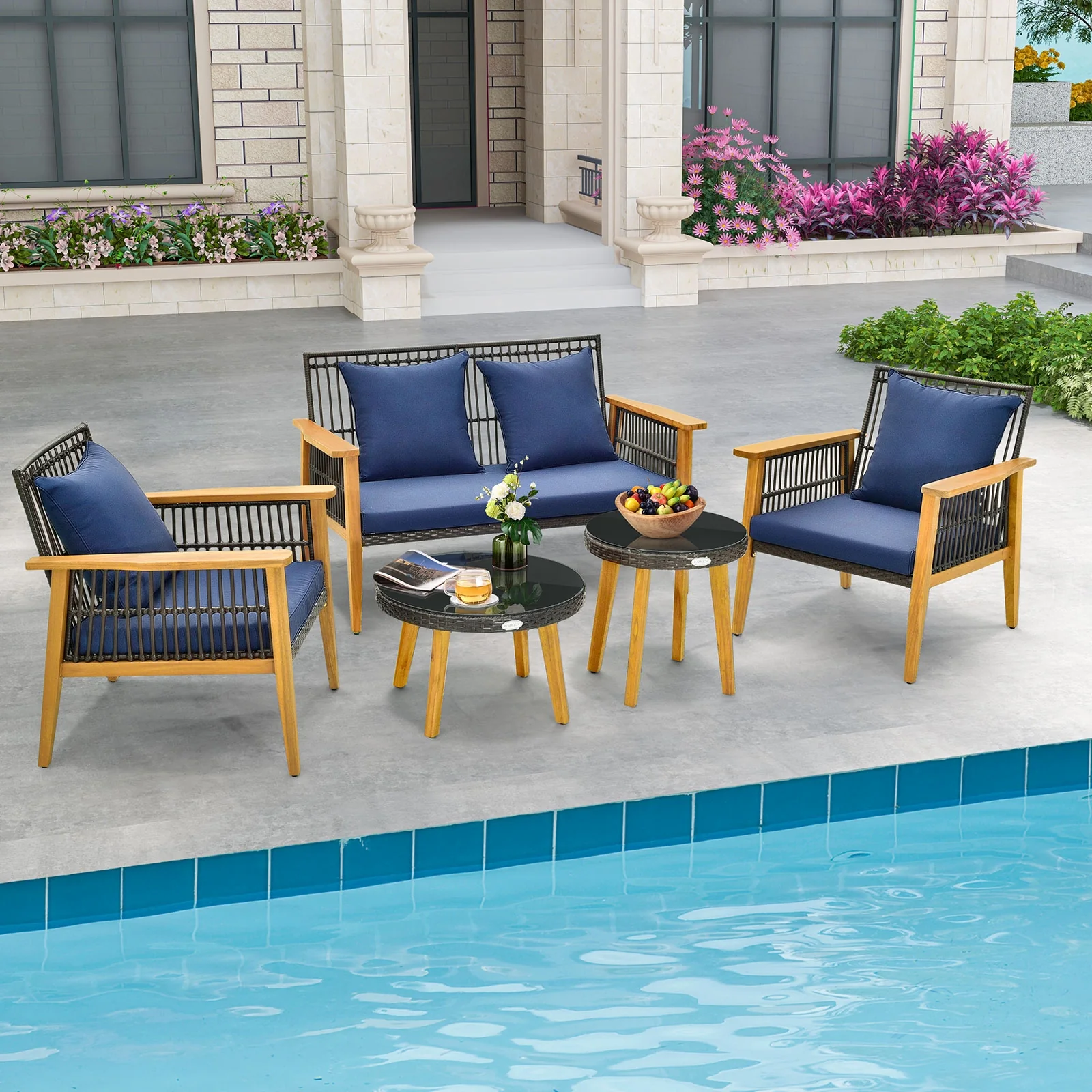 5 Piece Outdoor Conversation Set, 2 Coffee Tables, Navy - Image 7