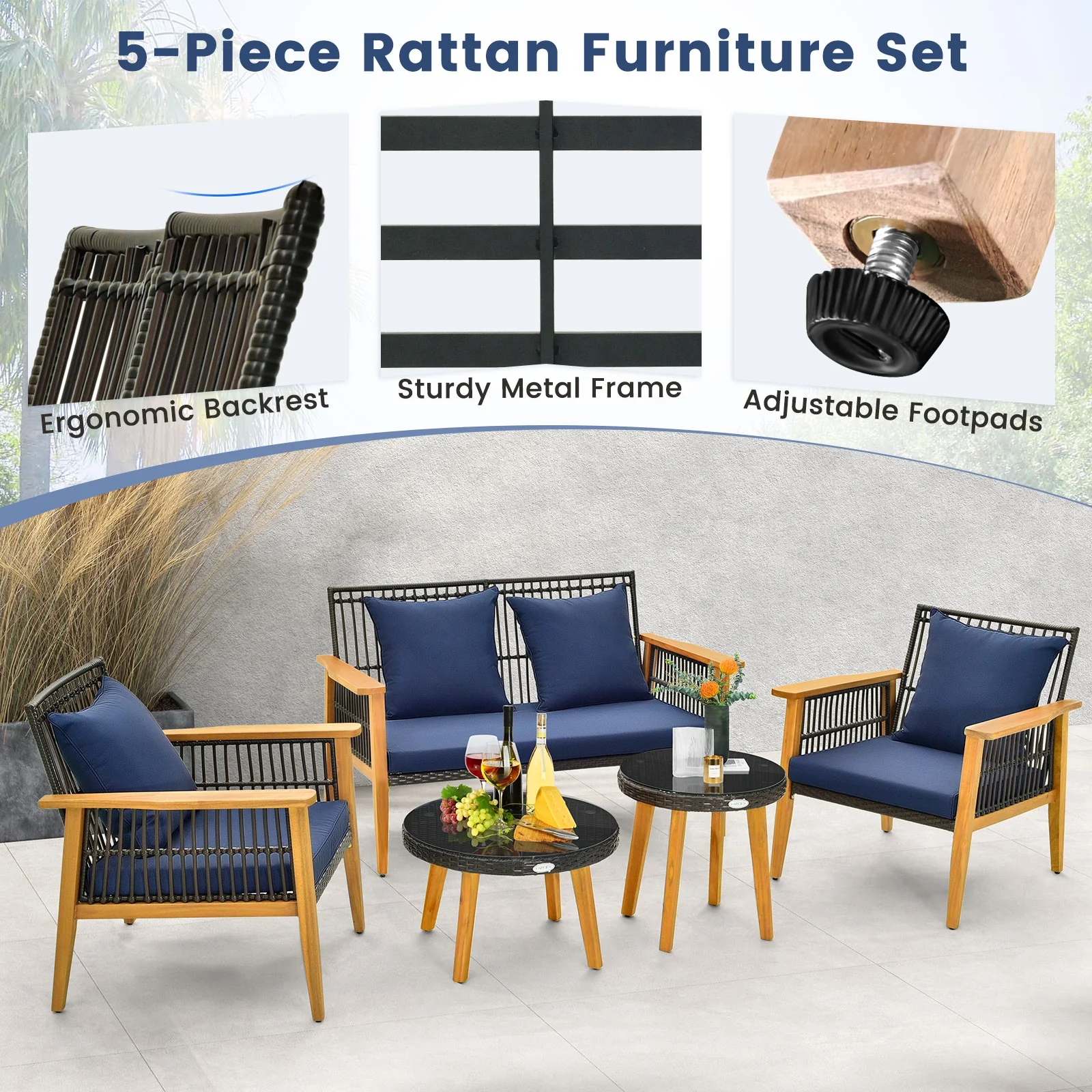 5 Piece Outdoor Conversation Set, 2 Coffee Tables, Navy - Image 8