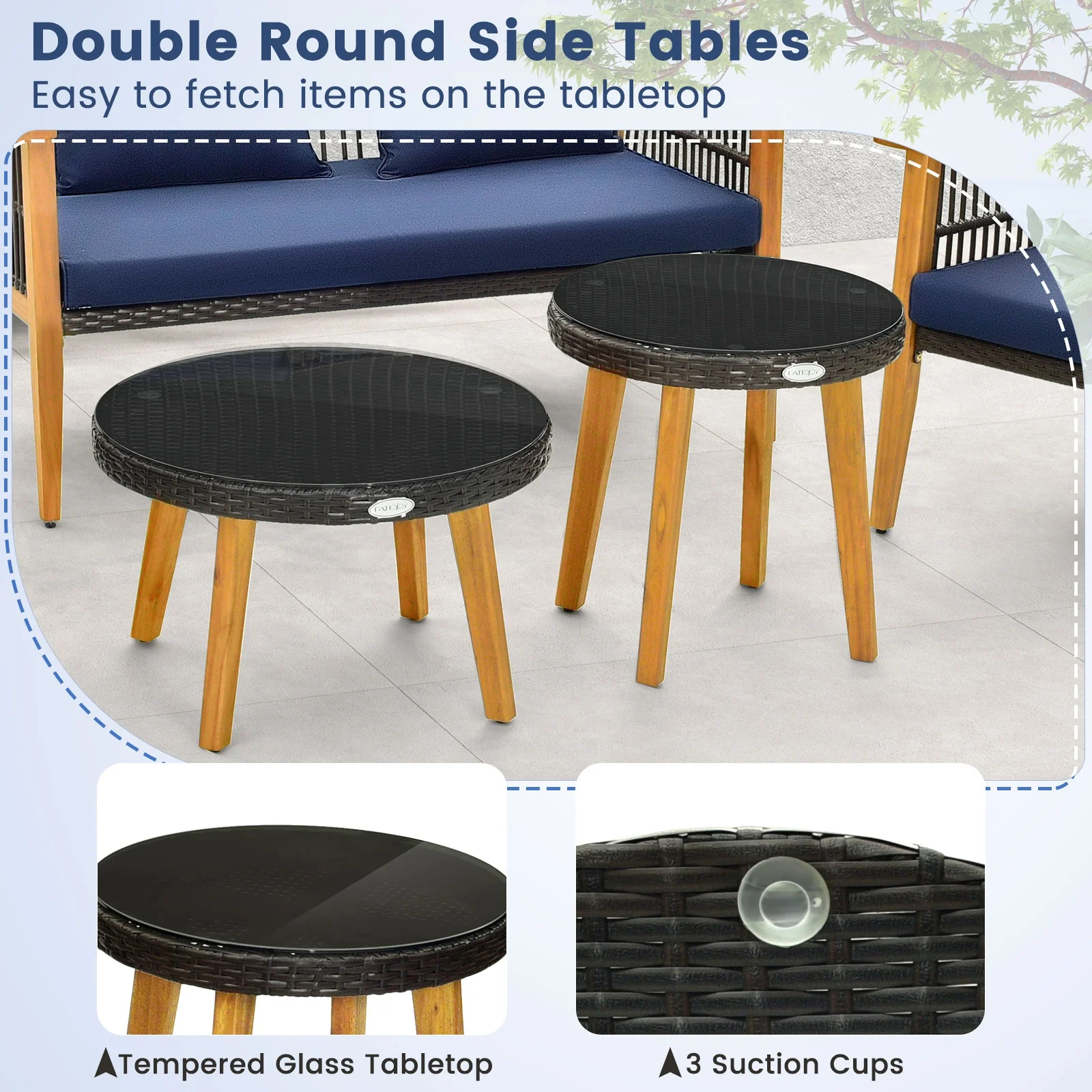 5 Piece Outdoor Conversation Set, 2 Coffee Tables, Navy - Image 9