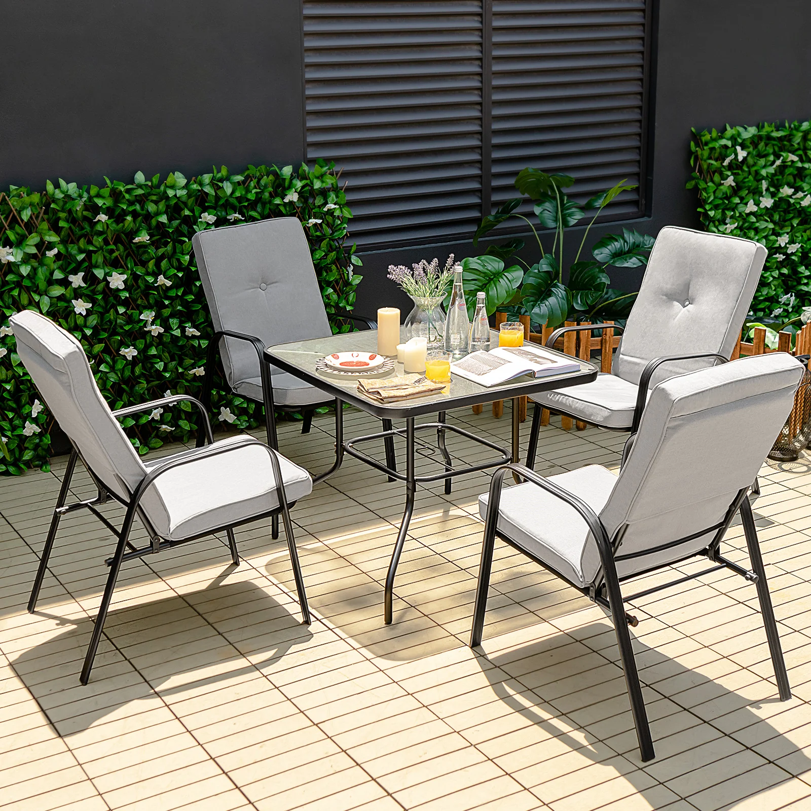 5 Piece Outdoor Dining Set, 4 Stackable Chairs, High-Back Cushions, Gray - Image 2